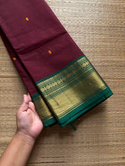 RF756 Maroon shade kanchi cotton saree with handmade thread buttas