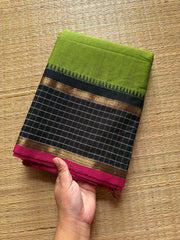 RF375 Green with black combination vintage border Kattam / checks pattern Kanchi cotton saree