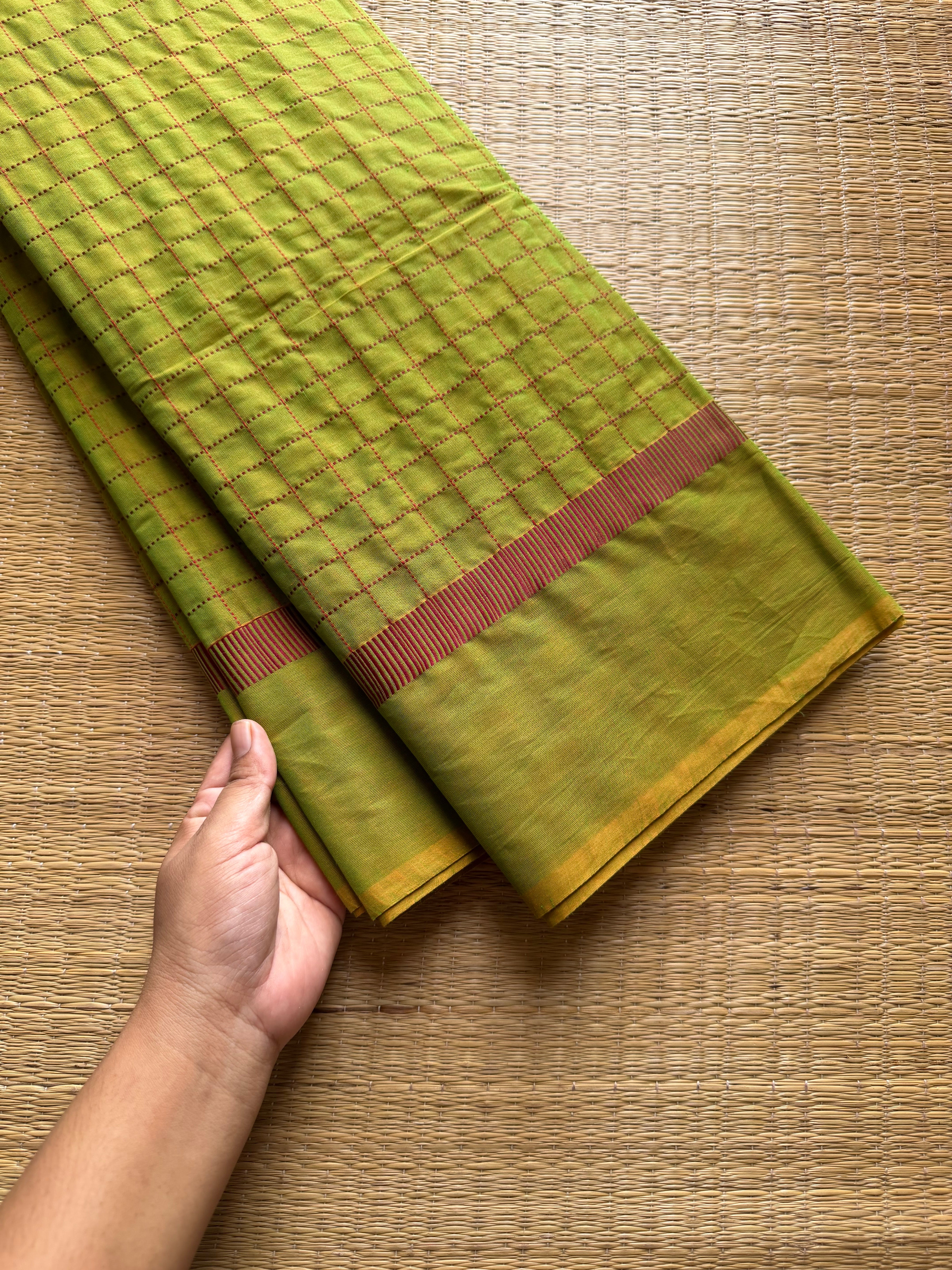 RF651 Methi green shade Kanchi cotton saree with checks / kattam pattern