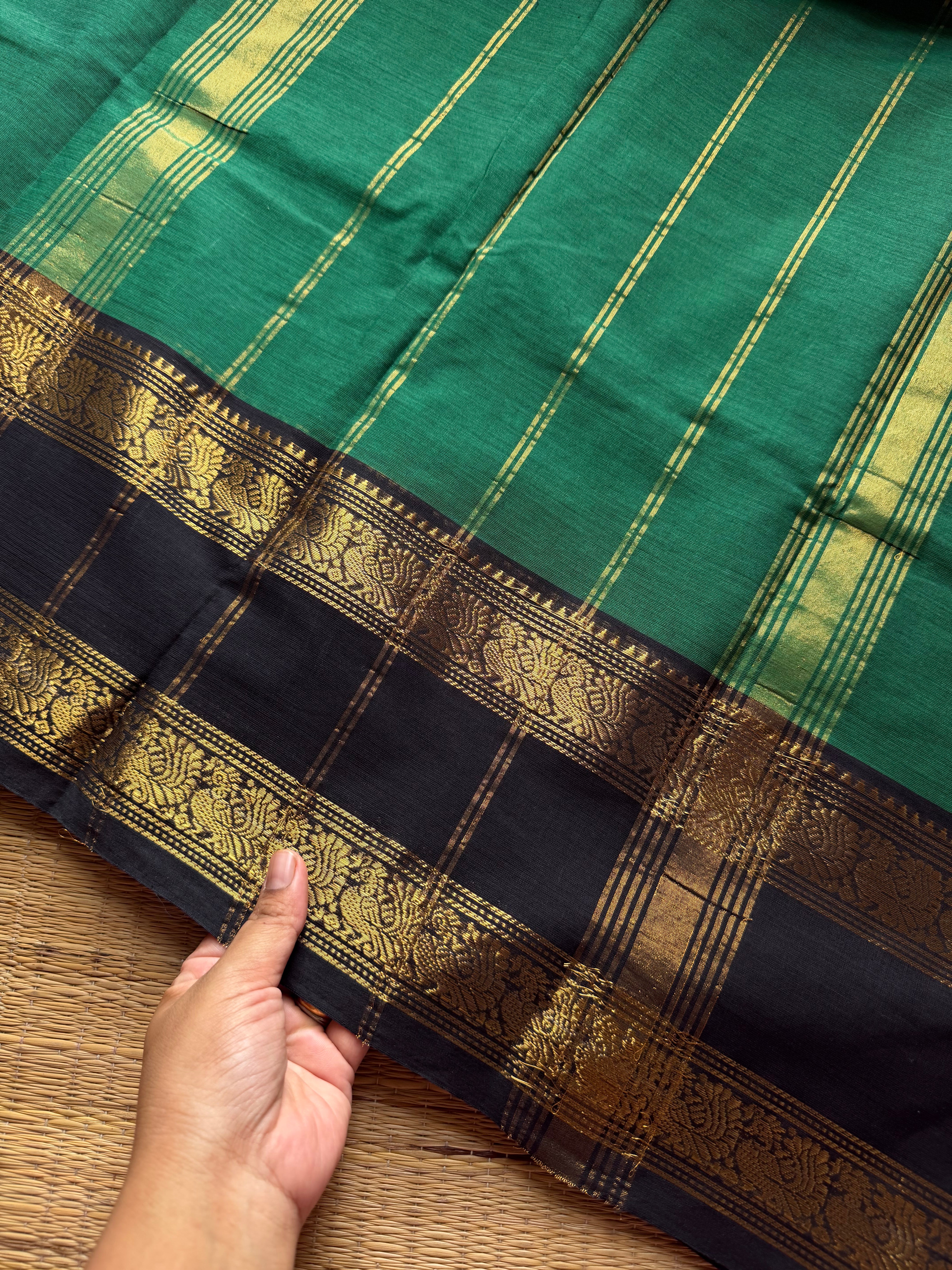 RF1304 Green with black combination Kanchi cotton saree with gap border