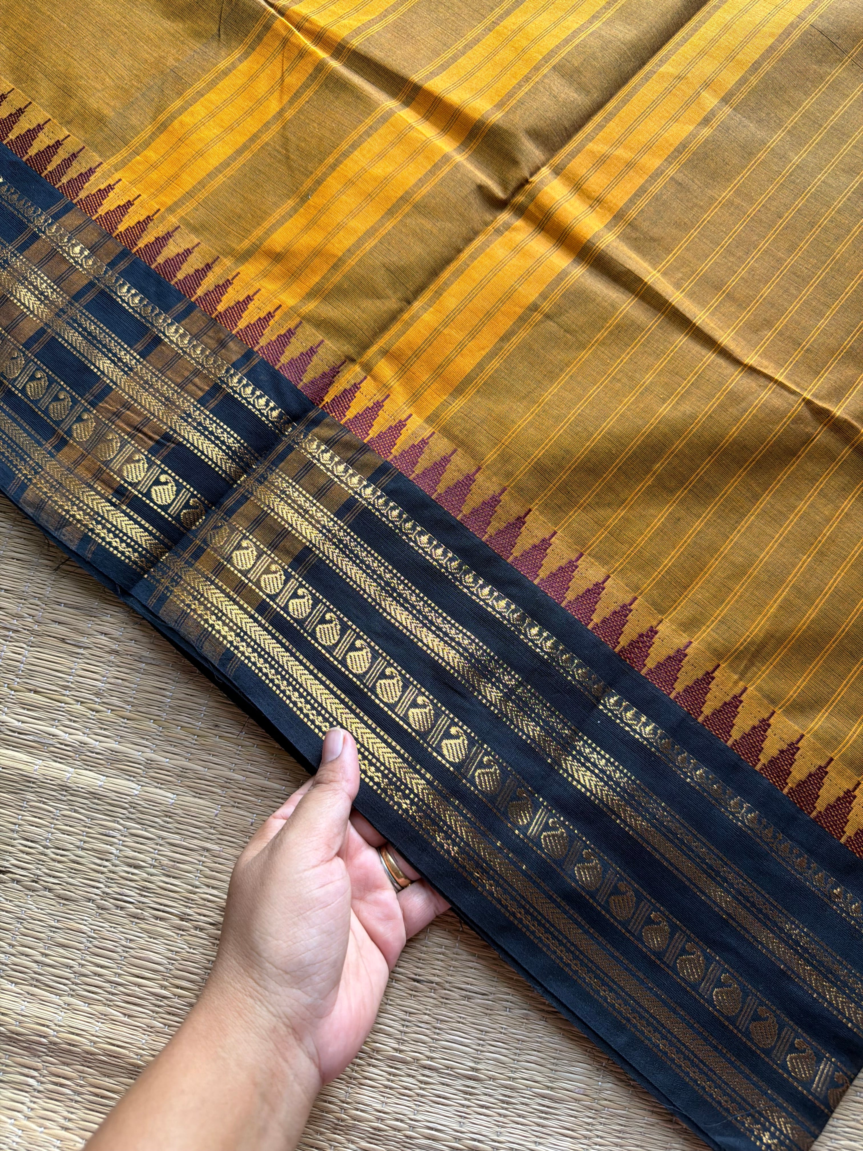 RF1044 Mustard with black combination Kanchi cotton saree with vertical stripes pattern