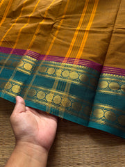 RF772 Warm mustard yellow shade Kanchi cotton saree with multi color contrast border