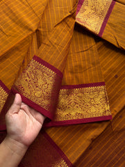 RF536 Dual tone orange with contrast maroon combination Kanchi cotton saree with Vanasingaram border and handmade thread buttas