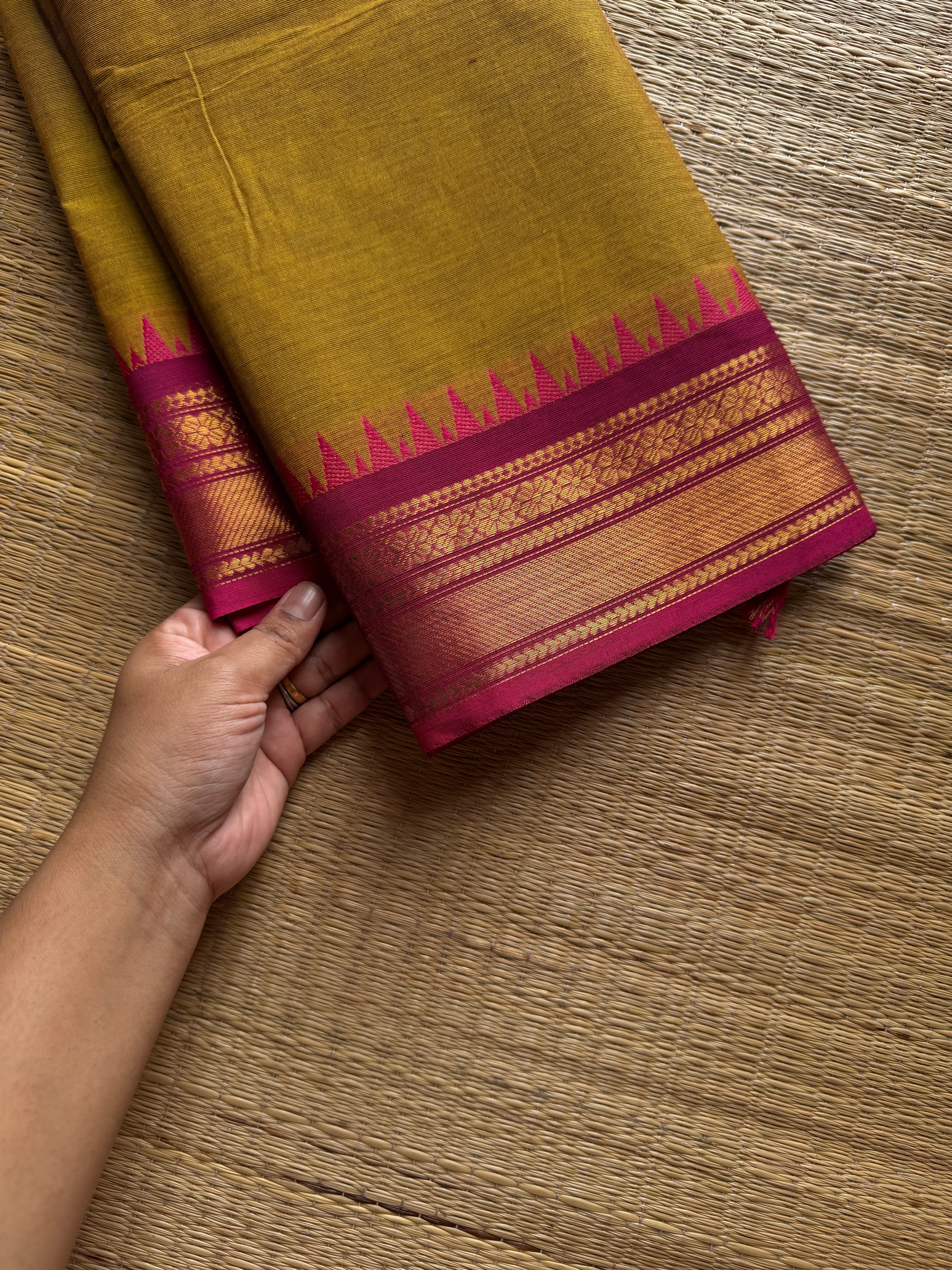 RF1302 Mustard with pink Kanchi cotton saree