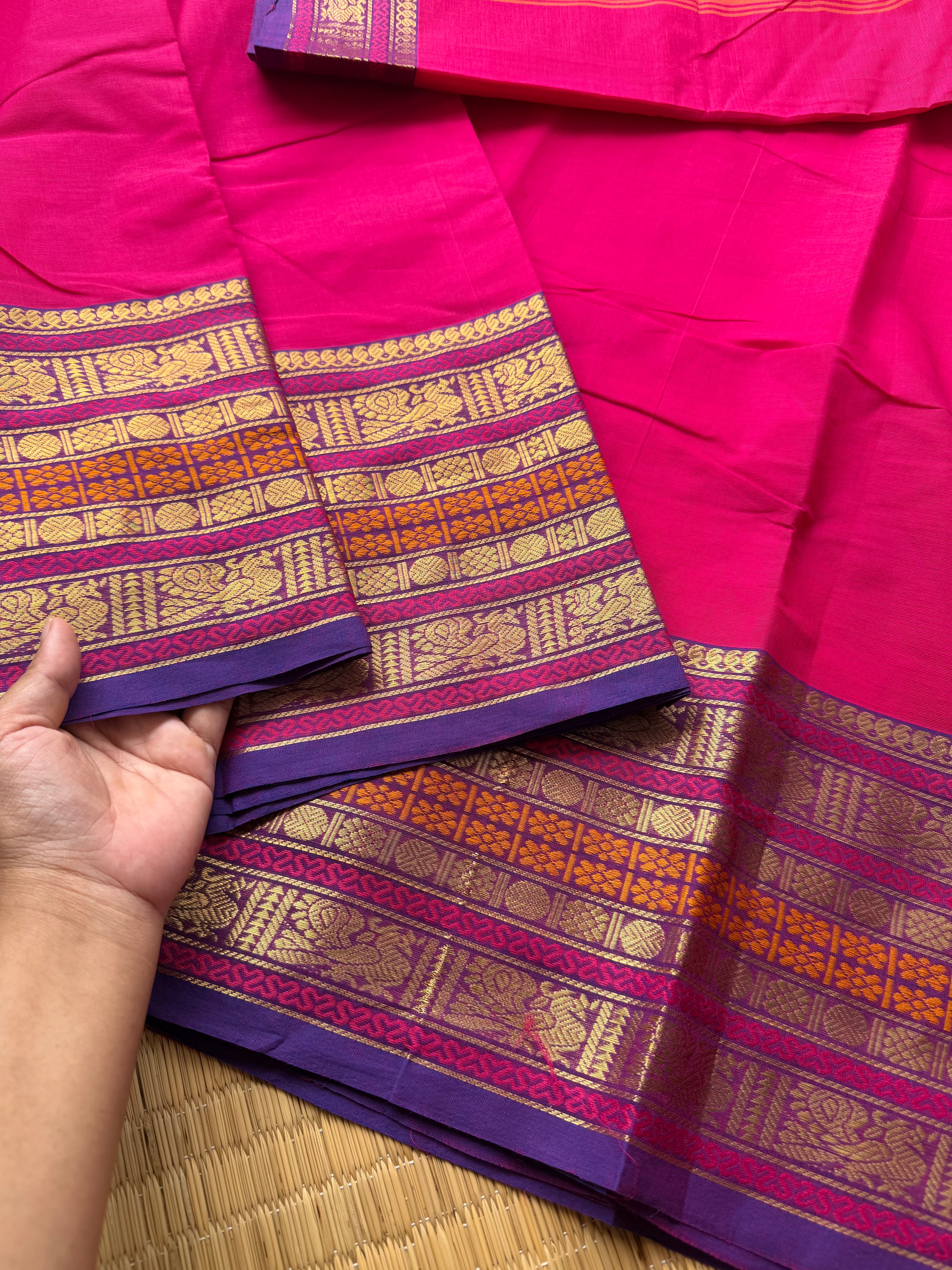 RF141 Deep pink shade Kanchi cotton saree with purple shade varisaipet border