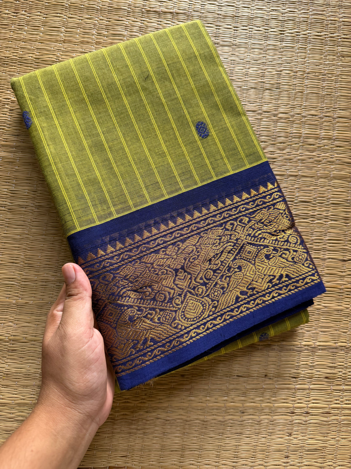 RF292 Green with royal blue combination Kanchi cotton saree with Vanasingaram pattern border &  handmade golden Zari Buttas