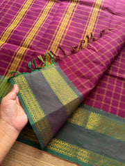 RF249 Magenta Pink shade with green combination Kanchi vintage Kattam / checks pattern saree with unique Rettapet border