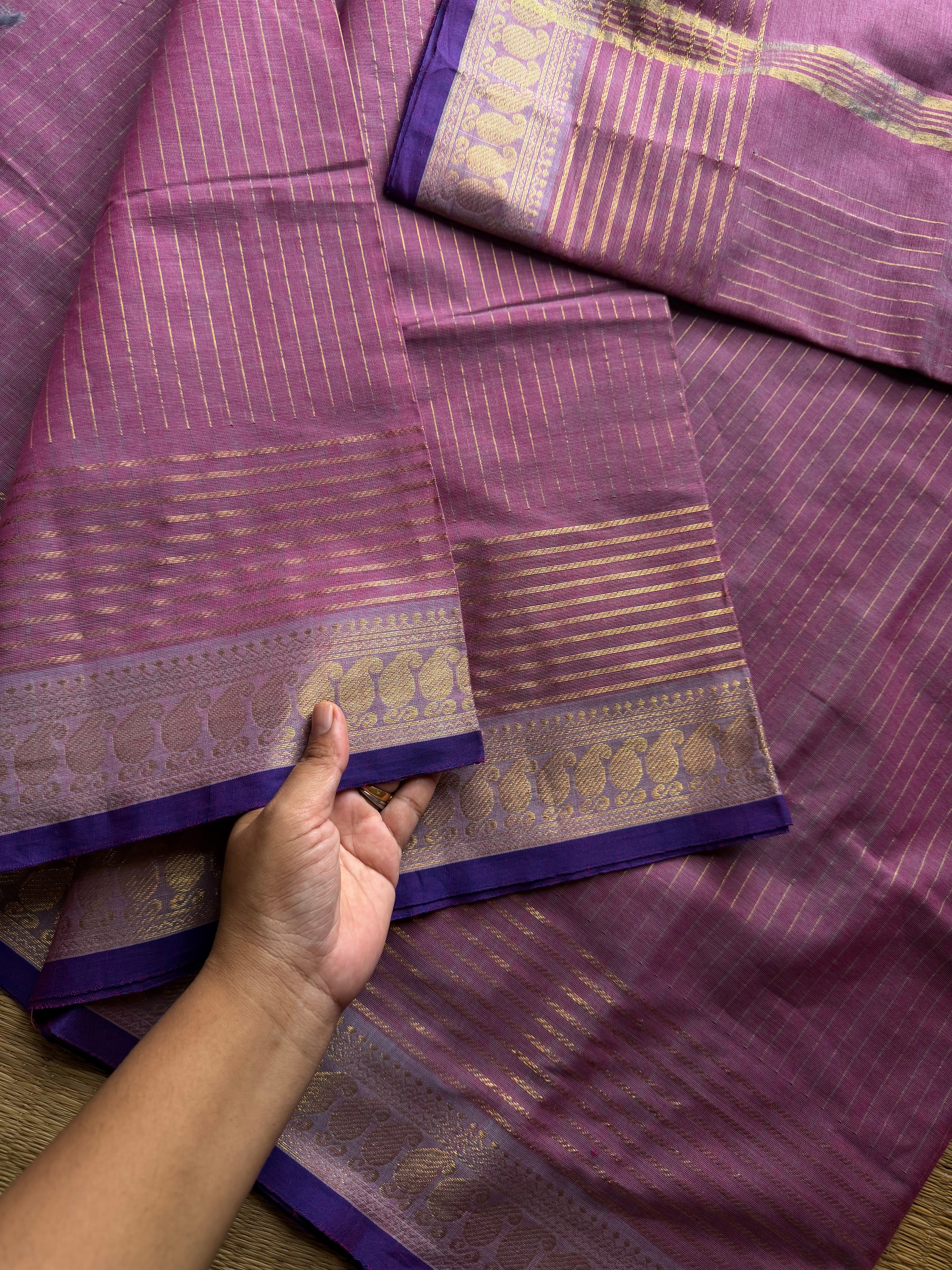 RF1255 Lilac Flower shade ~ Premium Vaira Oosi Kanchi cotton saree with contrast small border