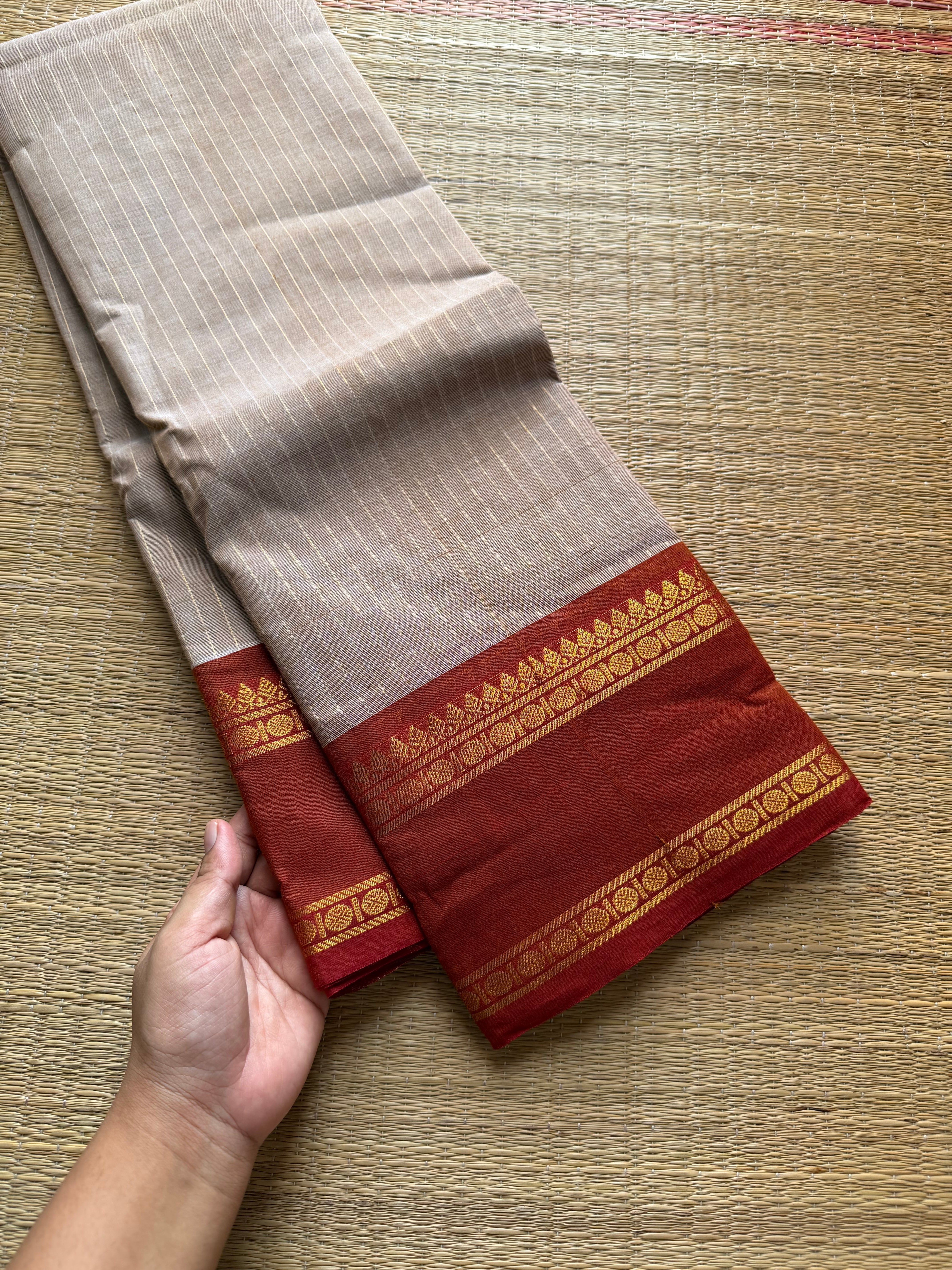 RF509 Beige with rust orange combination Kanchi cotton saree with vintage gap border and fully Vairaoosi pattern