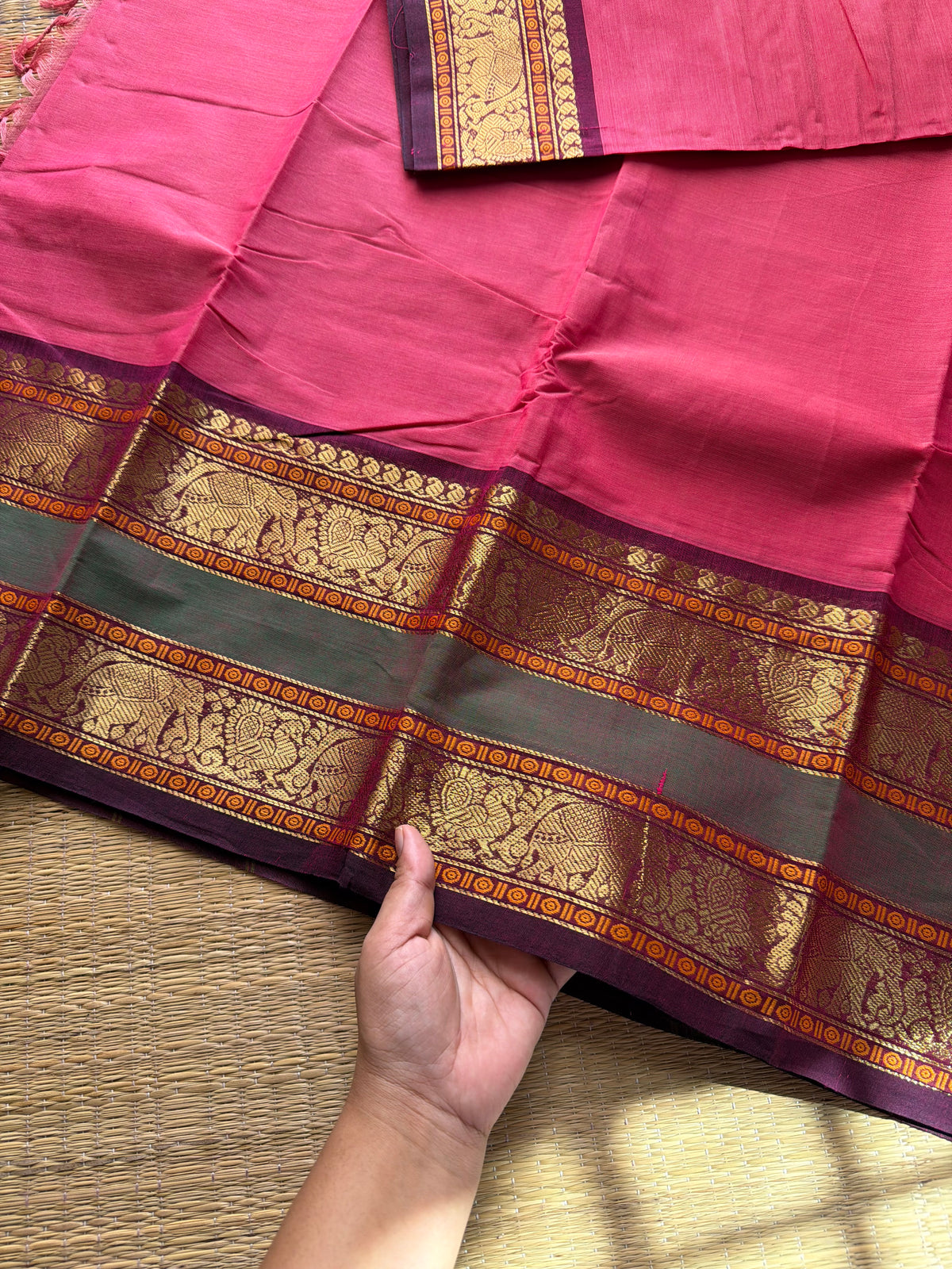 RF538 Pink with purple combination Kanchi cotton saree with Rettapet border