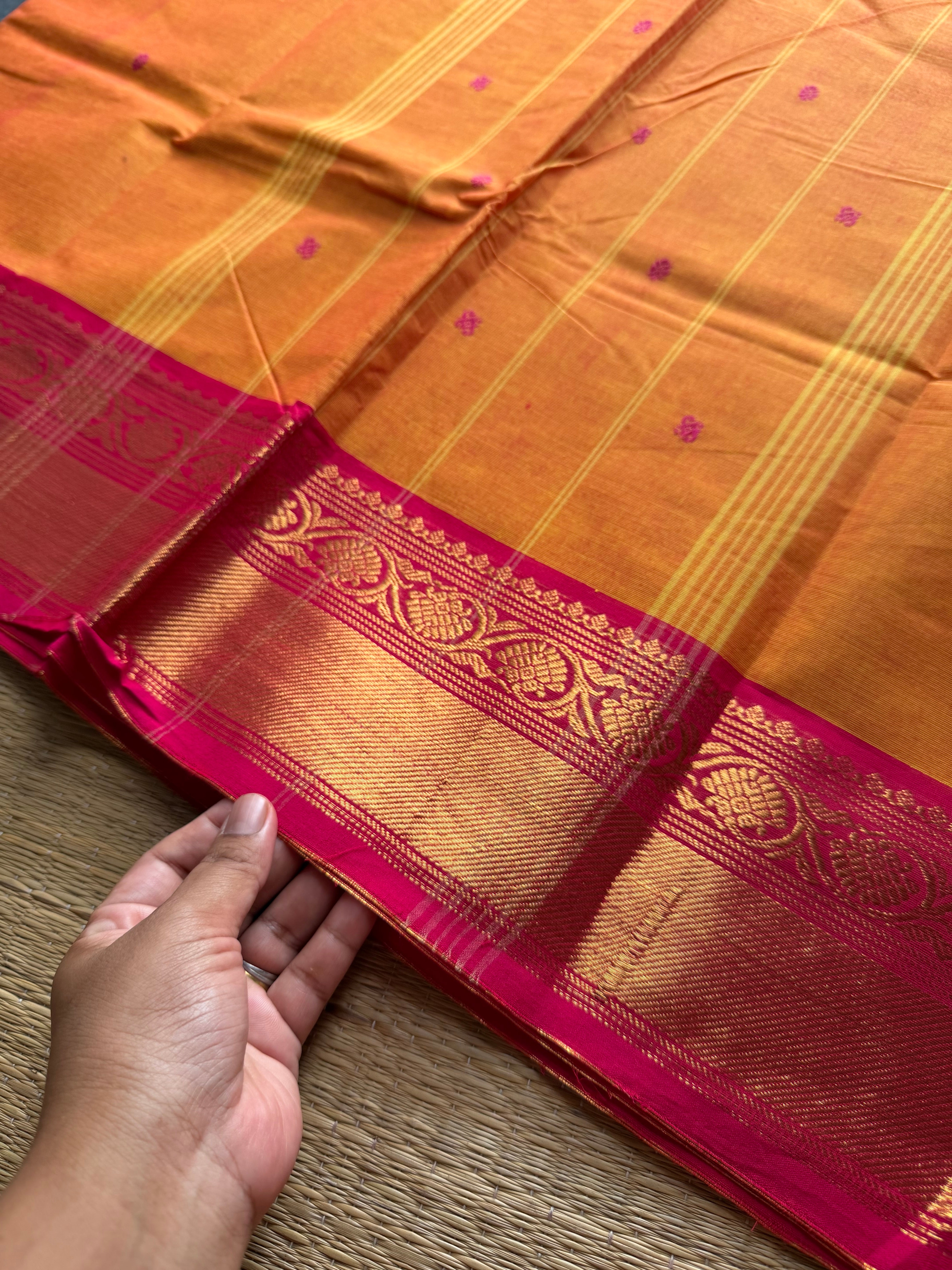 RF882 Dark mango shade with pink combination Kanchi cotton saree with handmade thread buttas