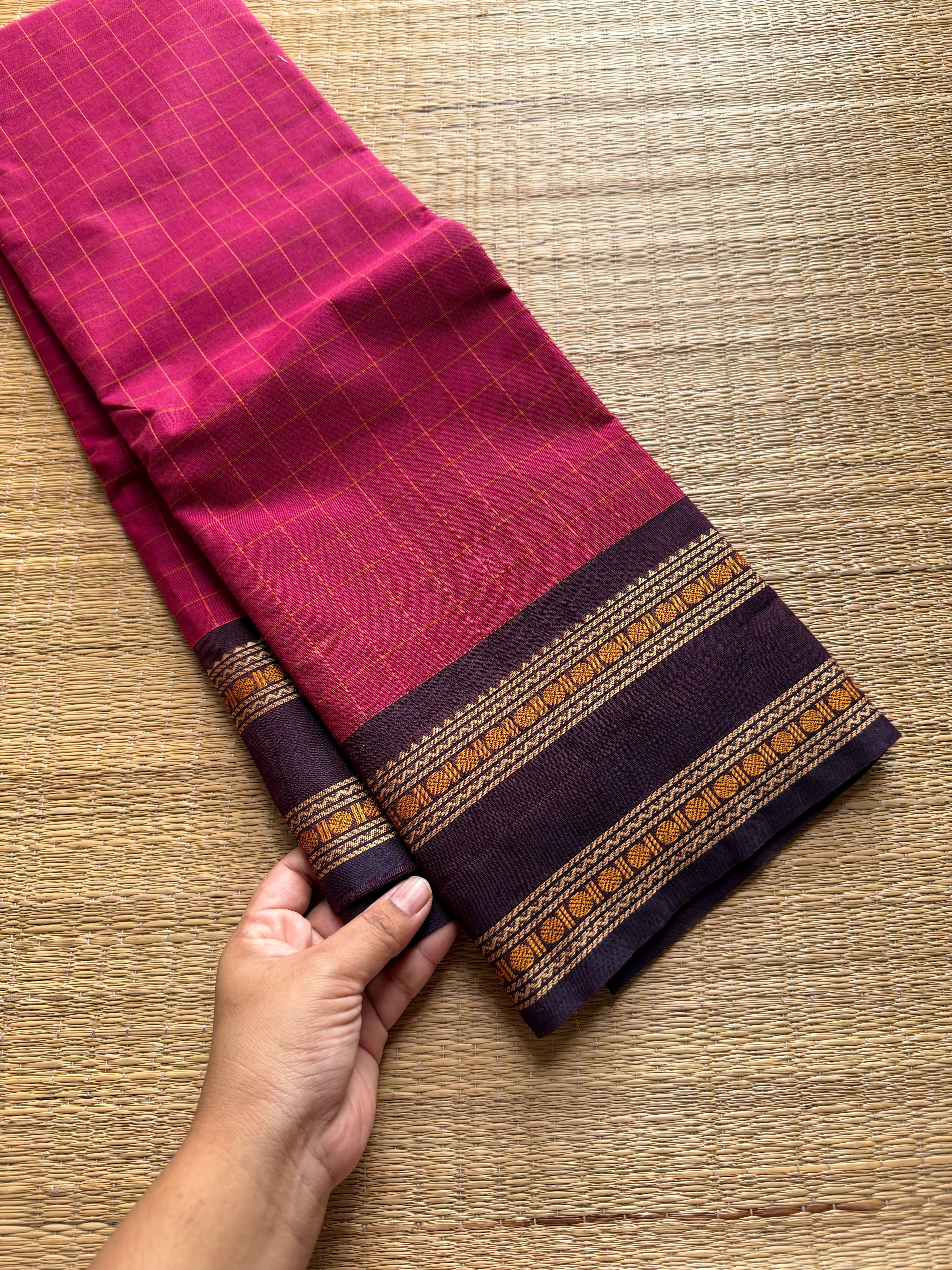 RF557 Premium & Soft Thread Border Kanchi Cotton Saree With Kattam / Checks Pattern | Magenta pink