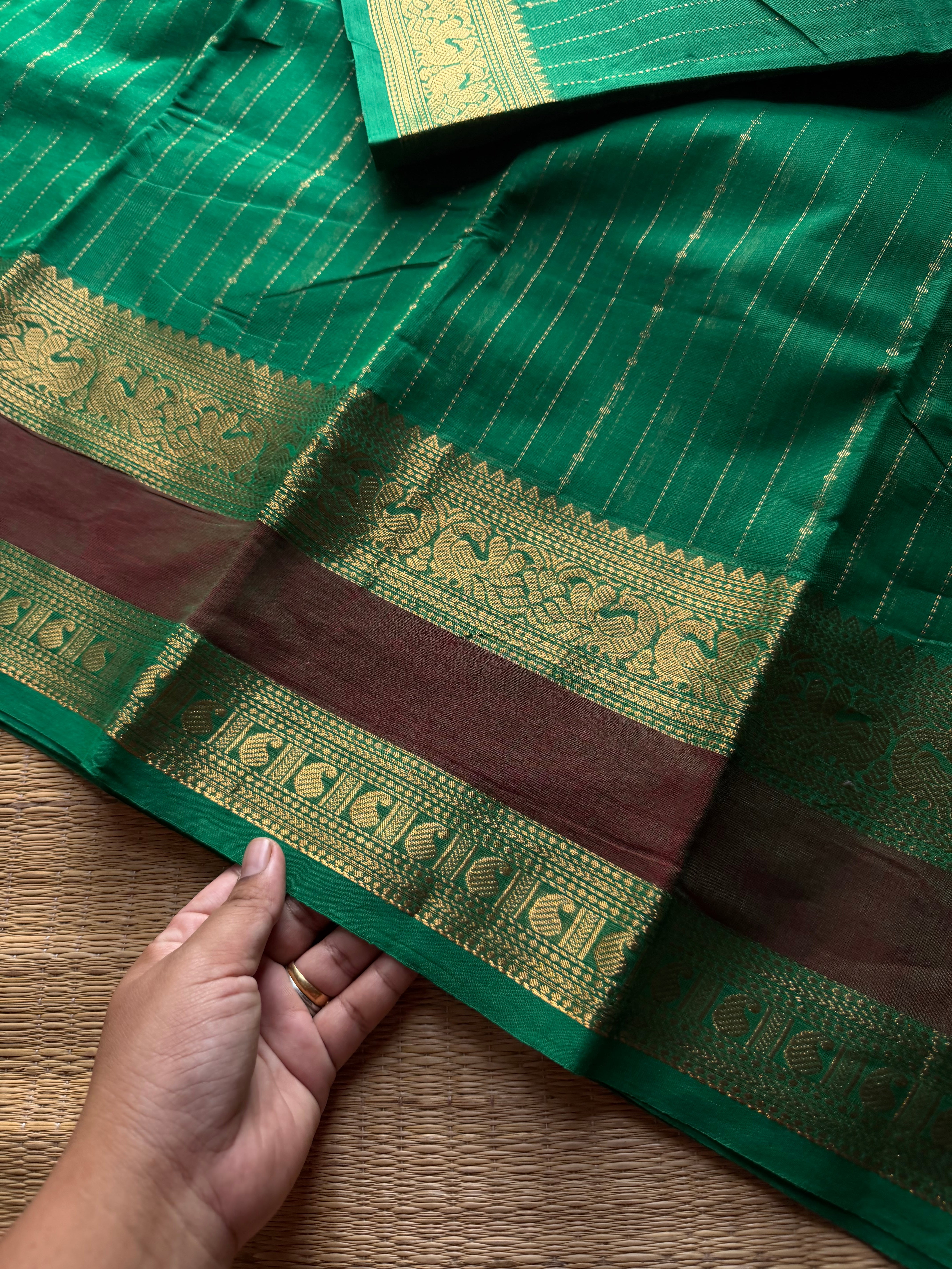 RF1385 Premium Rich Pallu Kanchi Cotton Saree with Vairaoosi pattern & gap border ~ Green