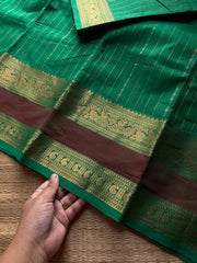 RF1385 Premium Rich Pallu Kanchi Cotton Saree with Vairaoosi pattern & gap border ~ Green