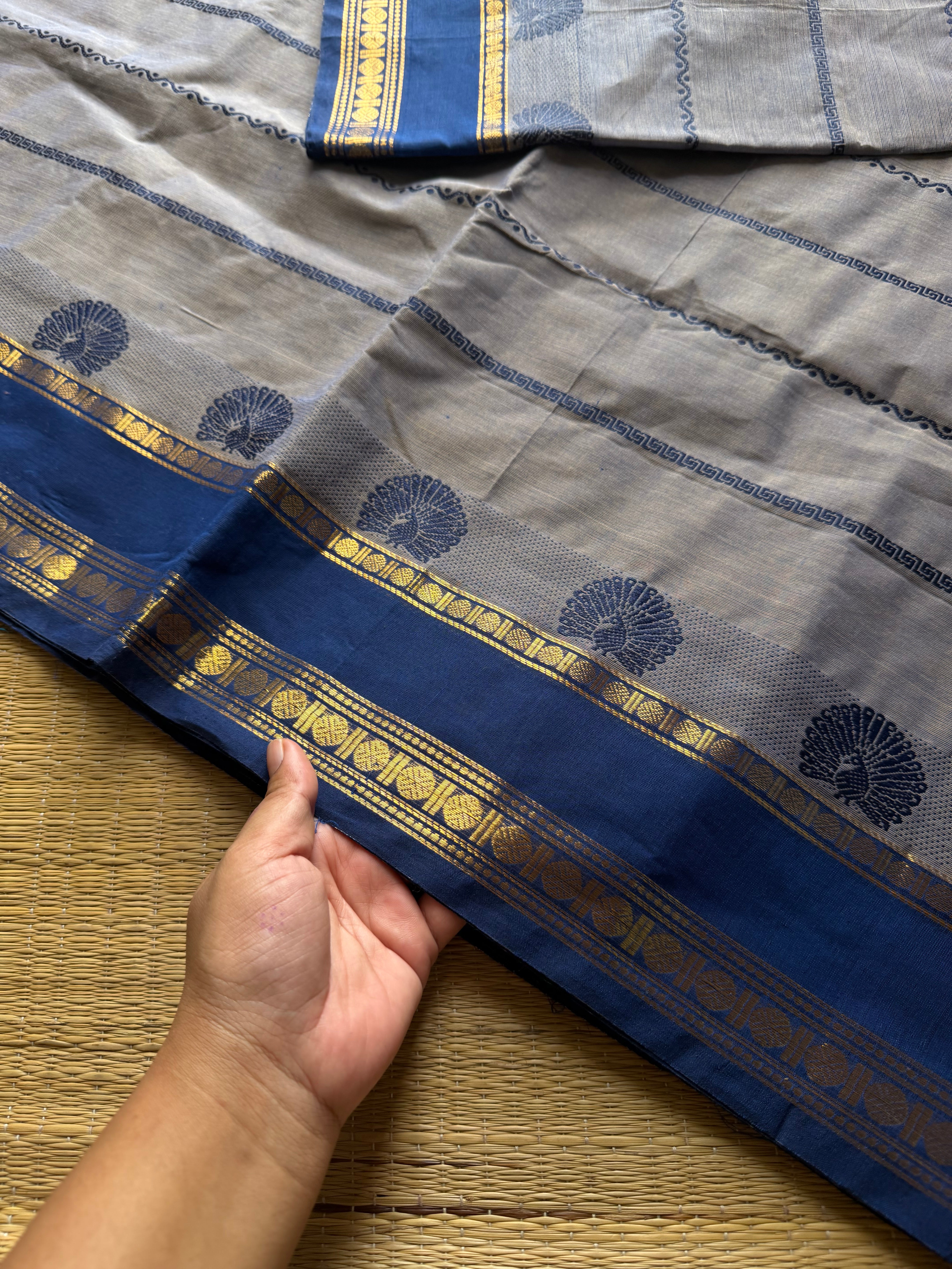 RF826 Velthari Pattern Kanchi Cotton Saree ~ Dual tone greyish ice blue