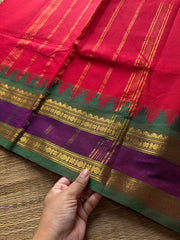 RF542 Reddish maroon shade Kanchi cotton saree with contrast Thazhampoo pattern gap border