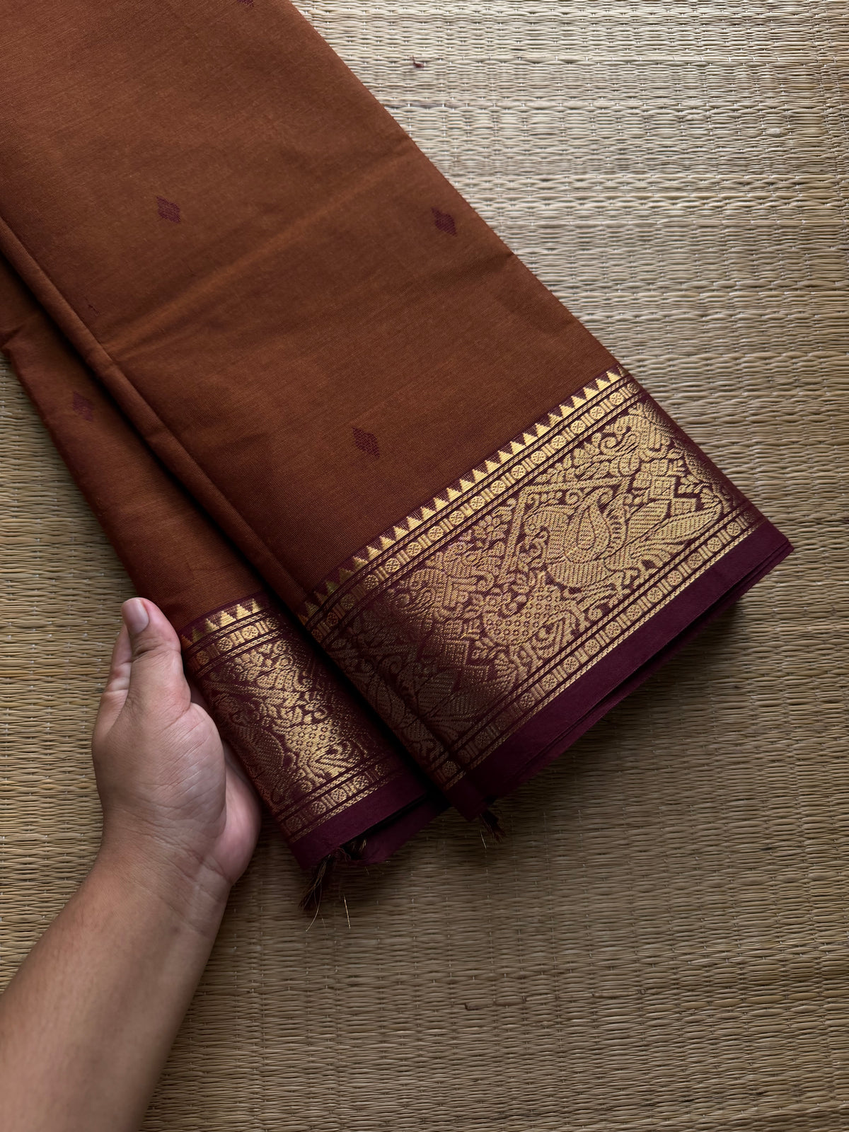RF798 Honey With brown combination Kanchi cotton saree with Vanasingaram pattern border & handmade thread buttas