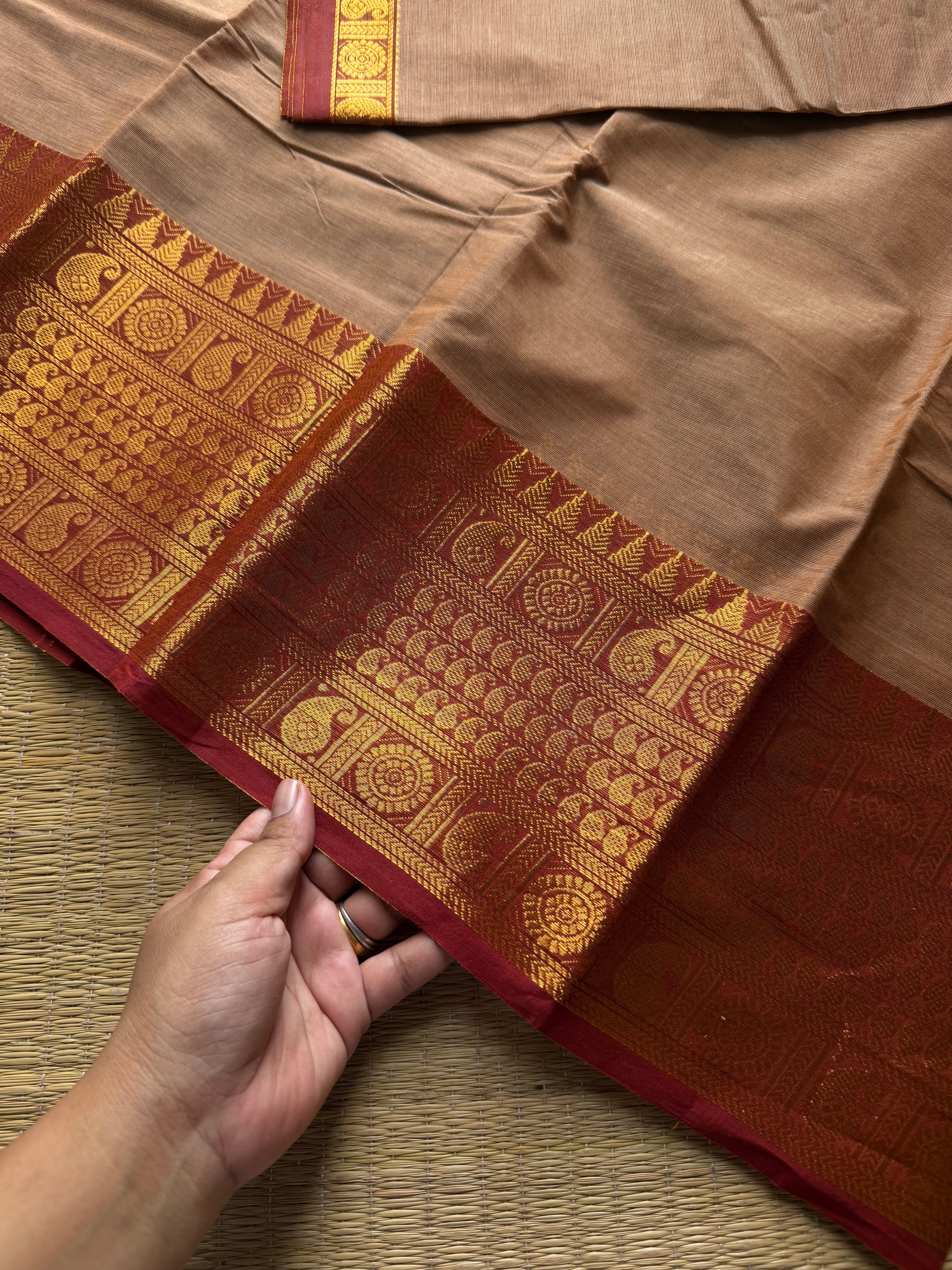 RF813 Beige shade Kanchi cotton saree with contrast mango pattern Zari border