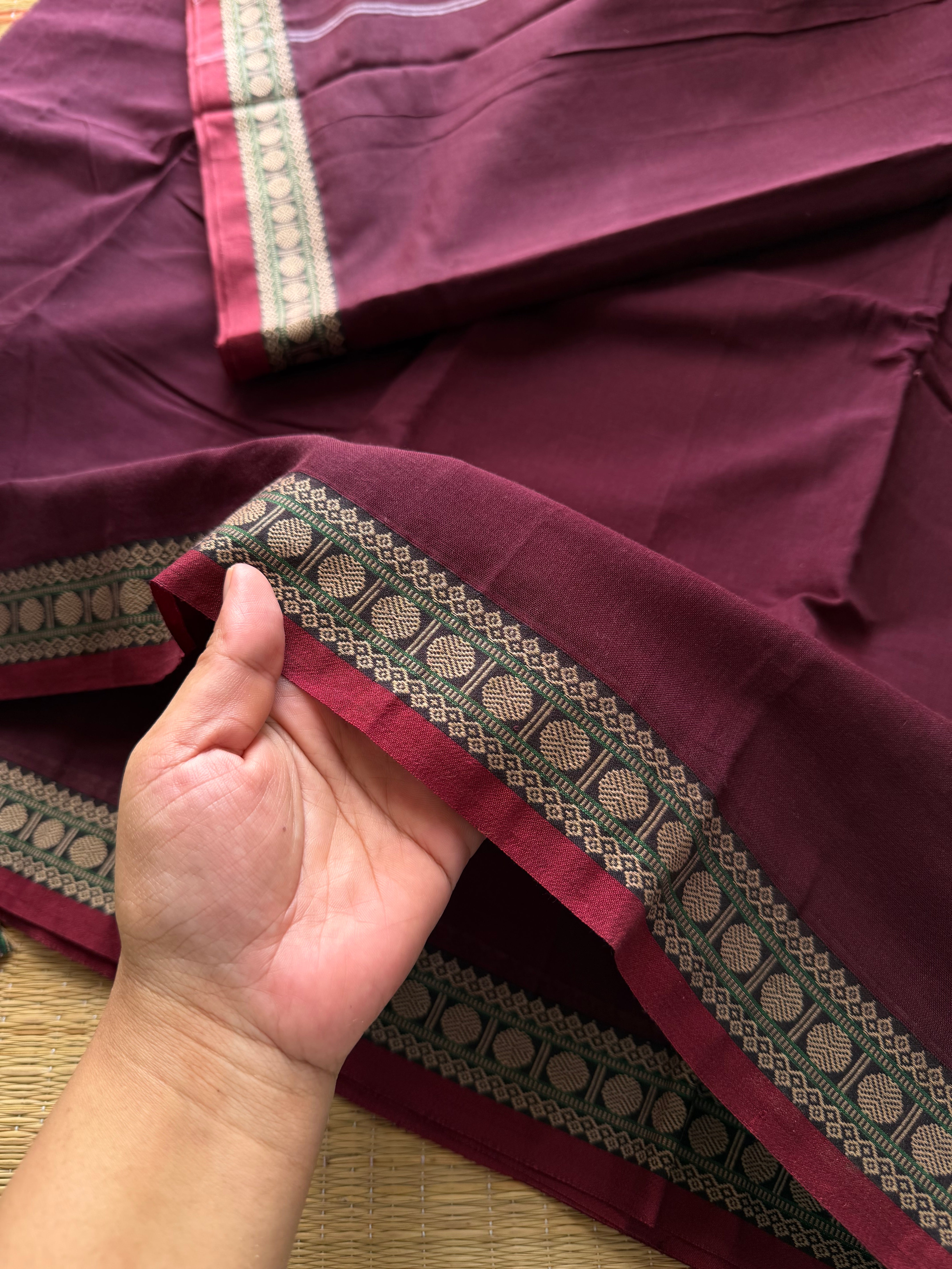 RF431 Dark Maroon Shade Mercerised Narayanpet Cotton Saree With Small Thread Border