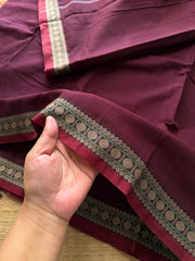 RF431 Dark Maroon Shade Mercerised Narayanpet Cotton Saree With Small Thread Border