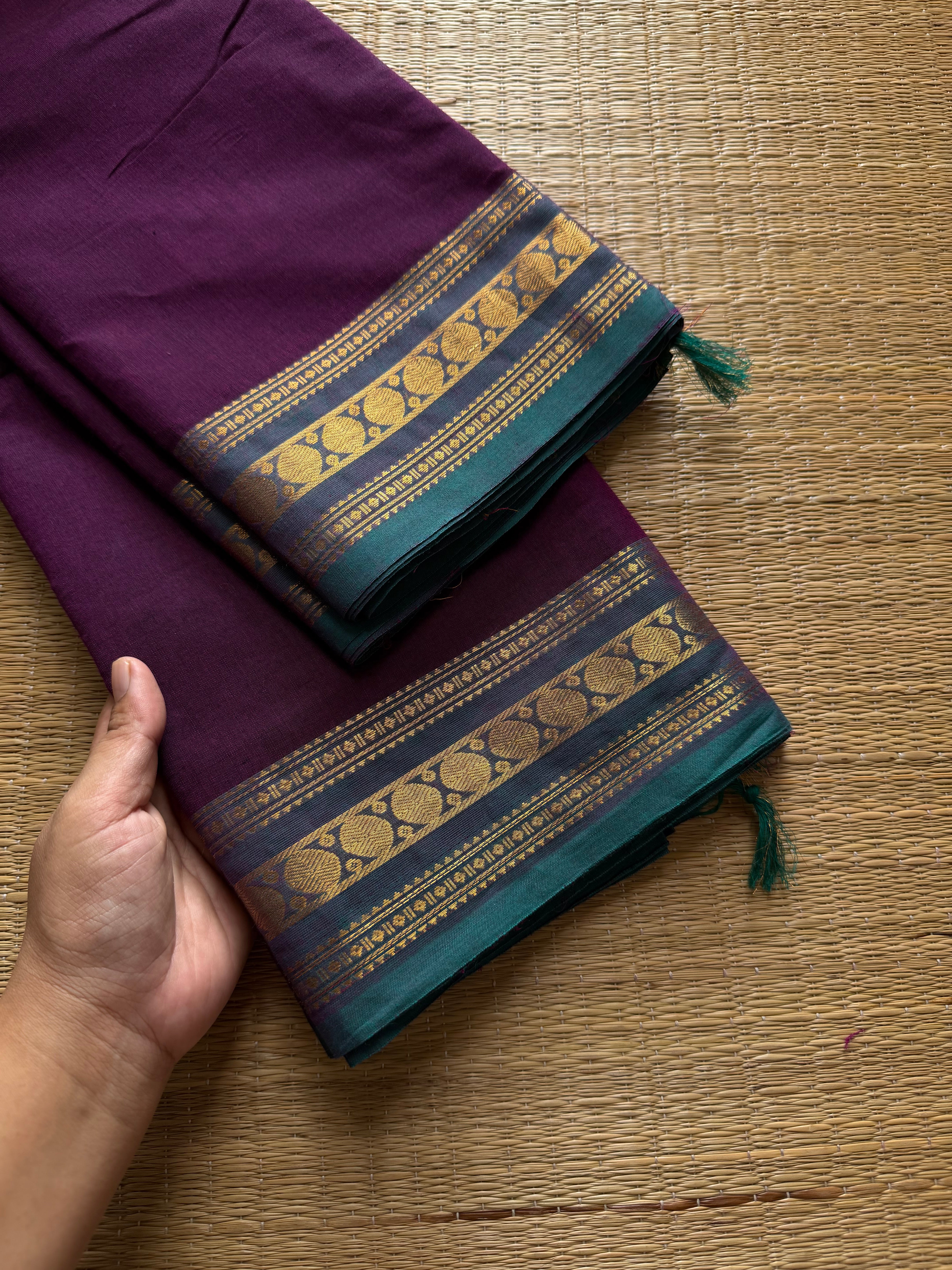 RF443 Purple with teal blue combination small Kanchi cotton saree