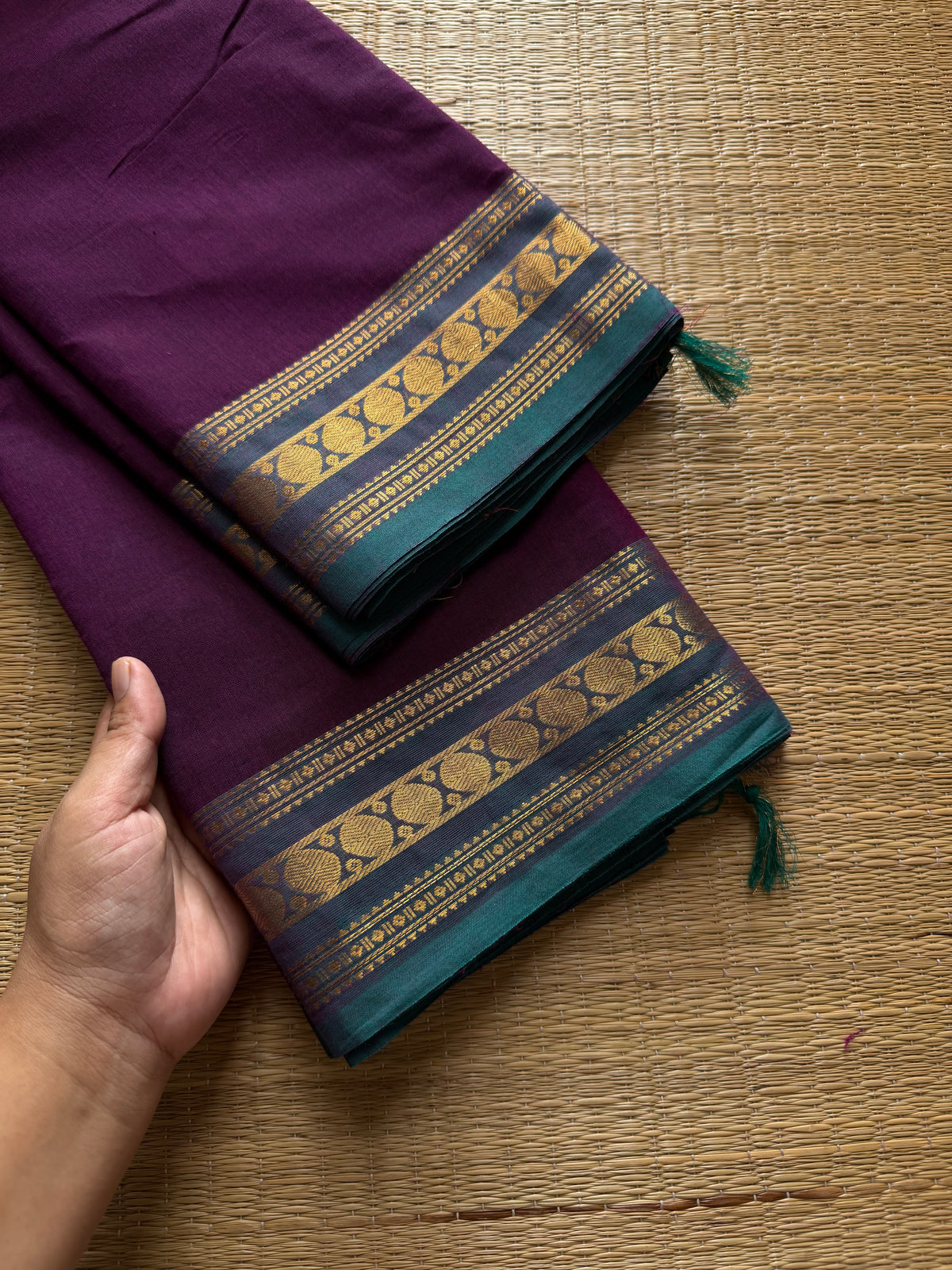 RF443 Purple with teal blue combination small Kanchi cotton saree