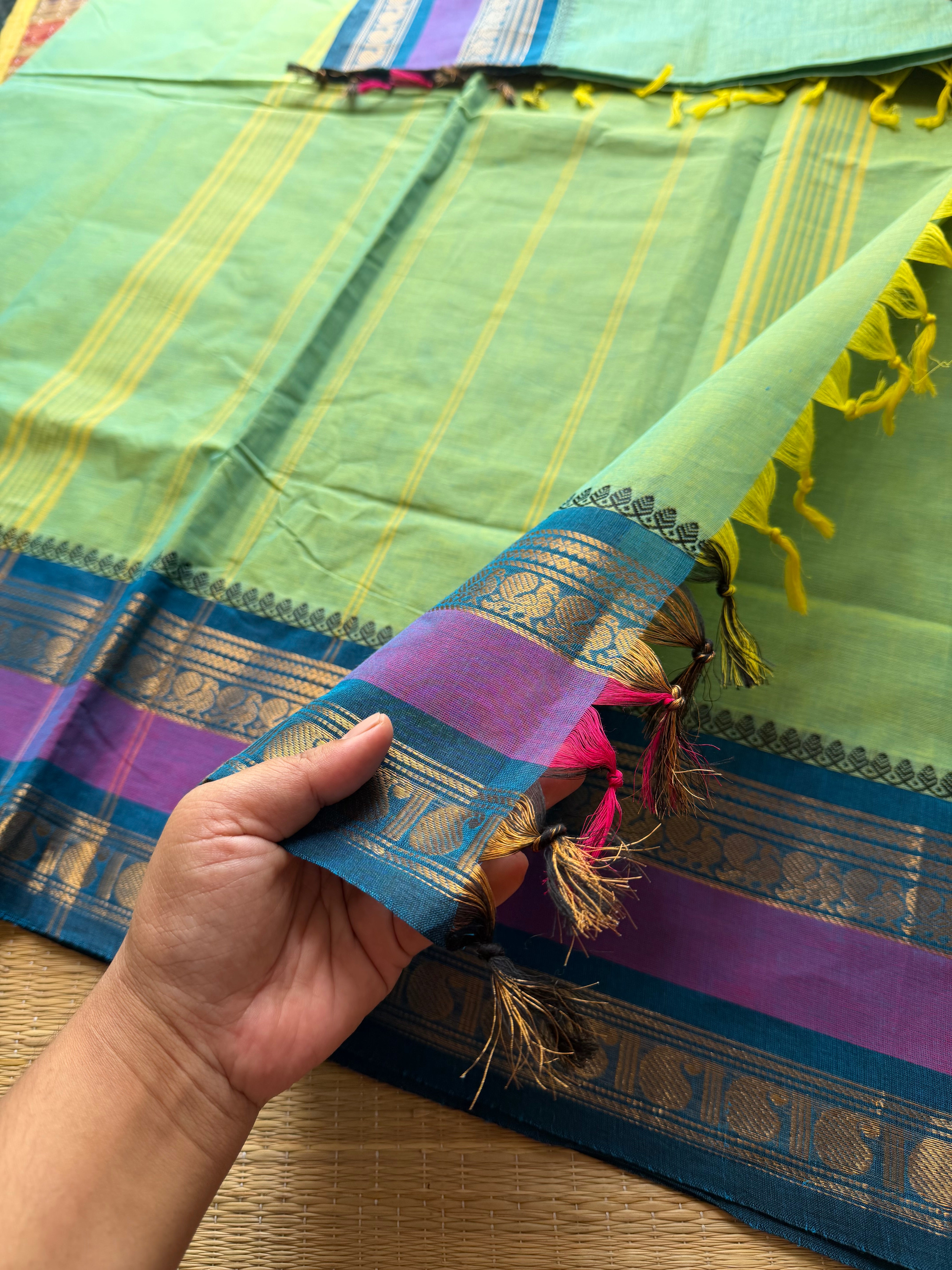 RF276 Dual tone Turquoise green shade Kanchi cotton saree with unique Rettapet border
