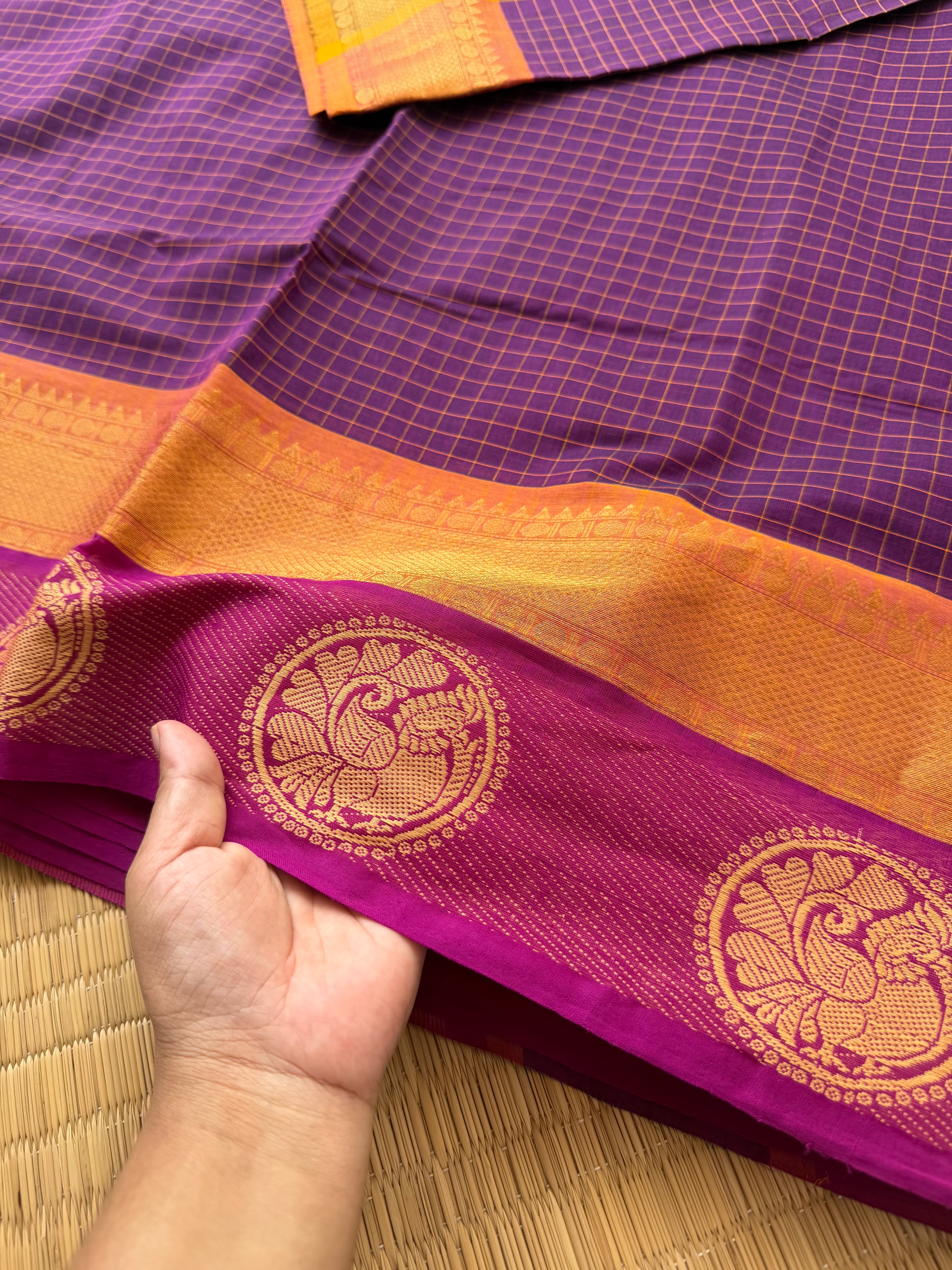 RF170 Purple shade Kattam / checks pattern Kanchi cotton saree with contrast zari & thread woven border