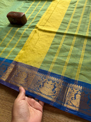 RF196 Sea green shade with contrast Royal blue combination traditional Korvai style border Kanchi cotton saree with vaira Oosi pattern