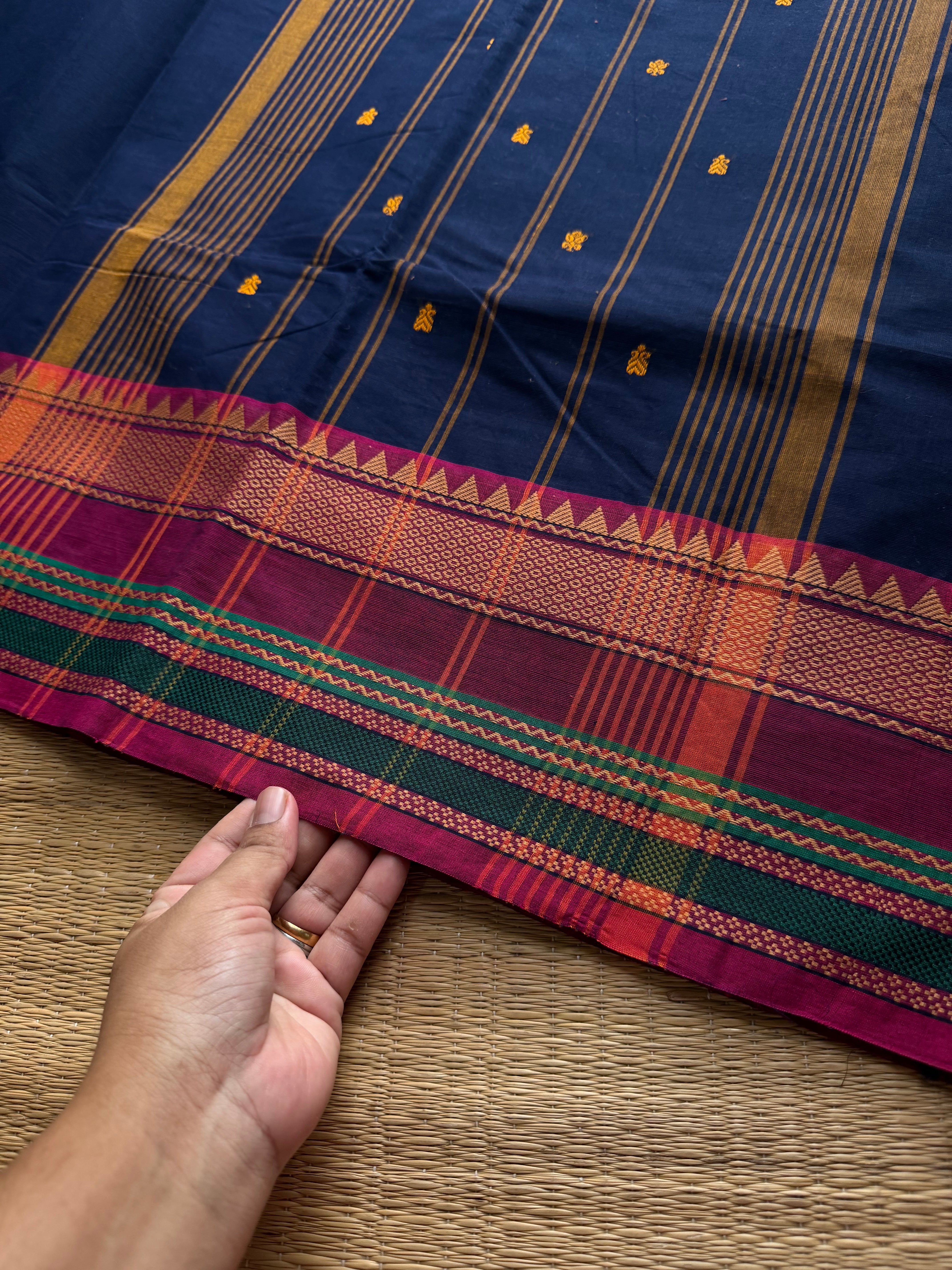 RF802 Navy blue shade thread border Kanchi cotton saree with handmade thread buttas
