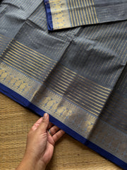 RF866 Greyish ice blue ~ Vairaoosi pattern Kanchi cotton saree with small contrast royal blue shade mango Zari border