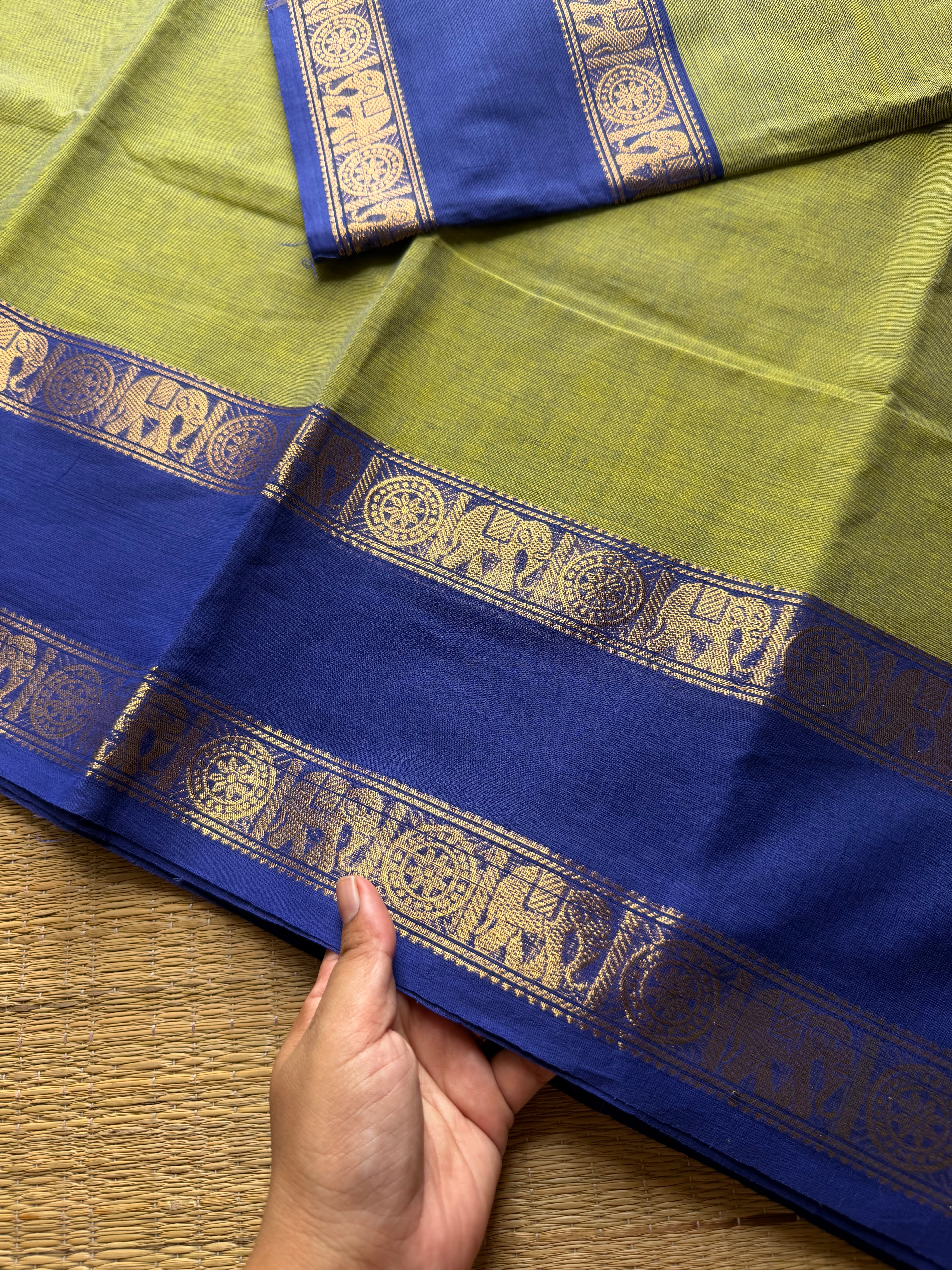 RF687 Dual tone Apple green with royal blue combination gap border Kanchi cotton saree