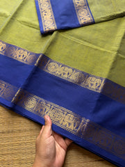 RF687 Dual tone Apple green with royal blue combination gap border Kanchi cotton saree