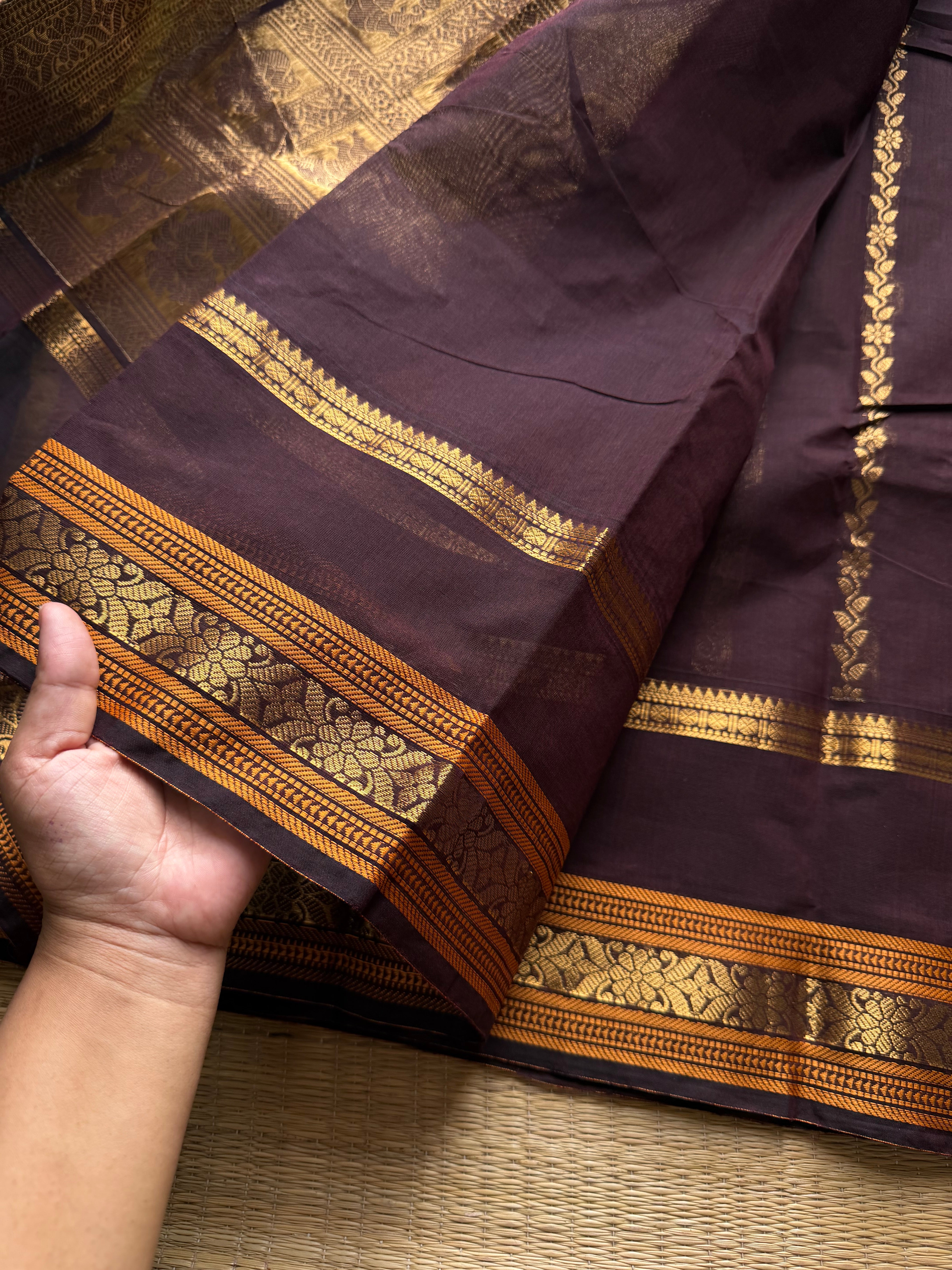 RF827 Premium Rich Pallu Kanchi Cotton Saree ~ Deep Coffee Brown with floral, Annam & Yazhi pattern Zari woven