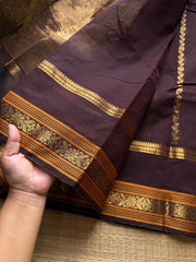 RF827 Premium Rich Pallu Kanchi Cotton Saree ~ Deep Coffee Brown with floral, Annam & Yazhi pattern Zari woven
