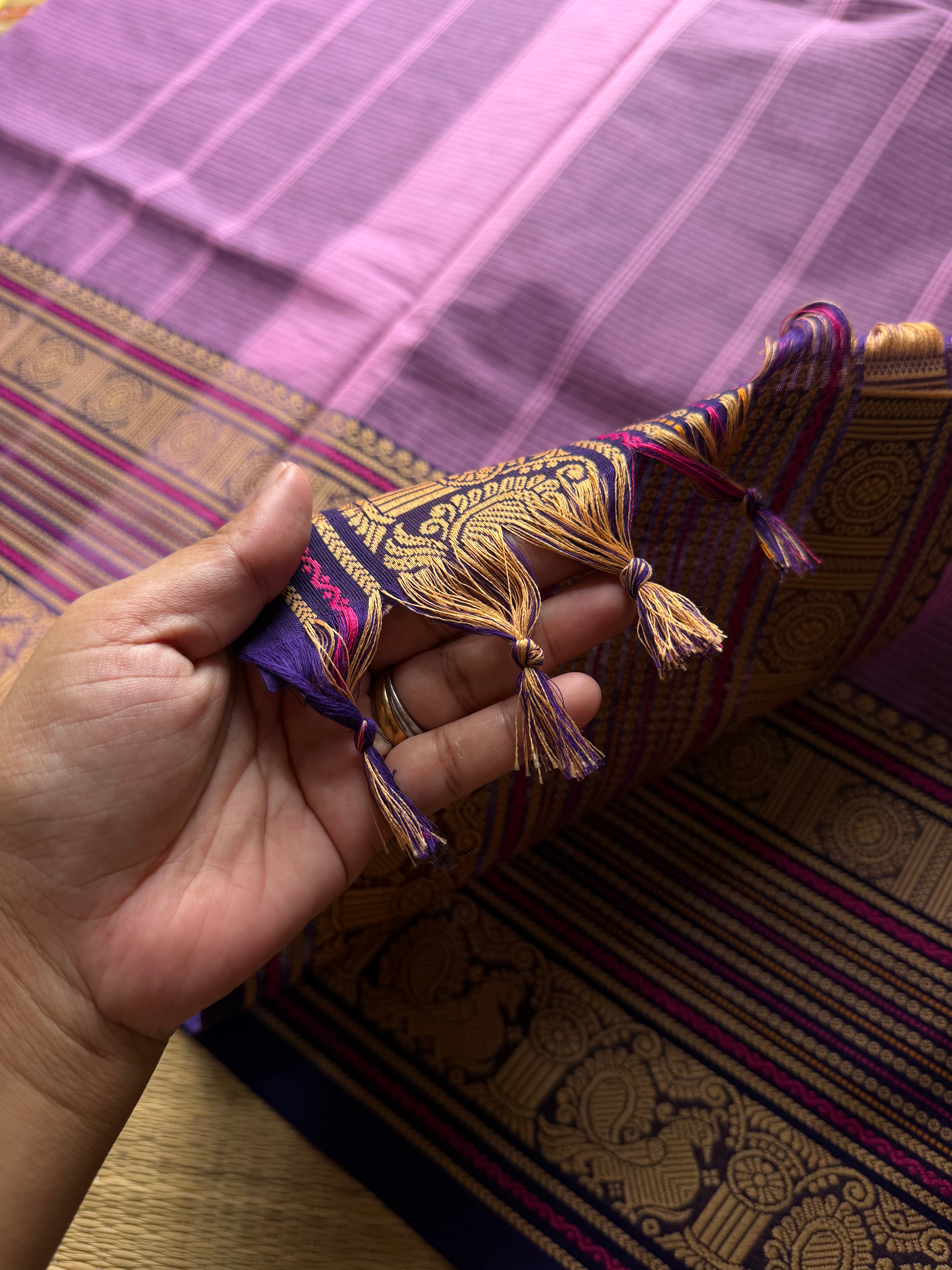 RF909 Lavender ~ Soft Thread border Kanchi cotton saree with small stripped lines pattern