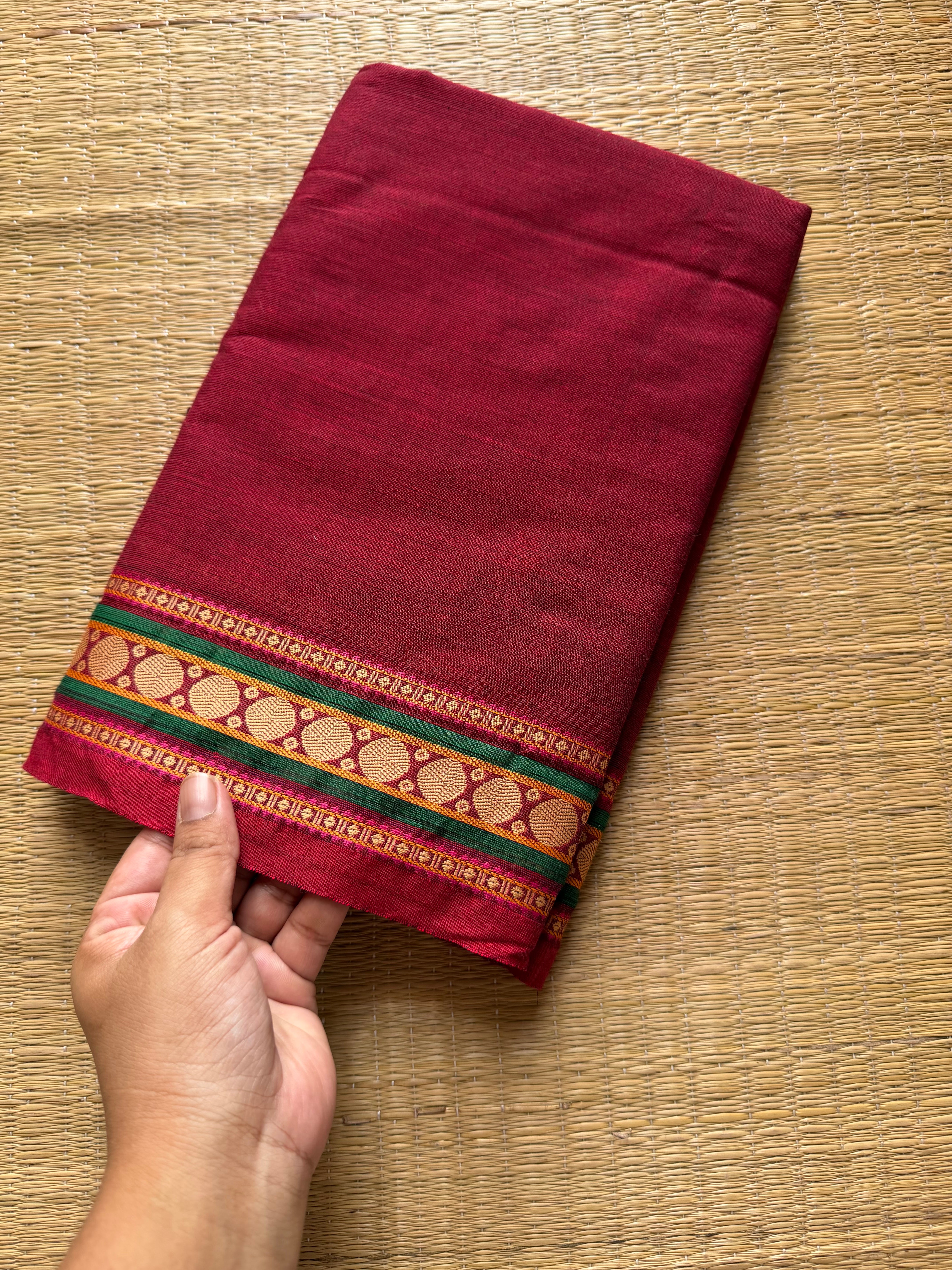 RF262 Reddish maroon shade small thread border Kanchi cotton saree