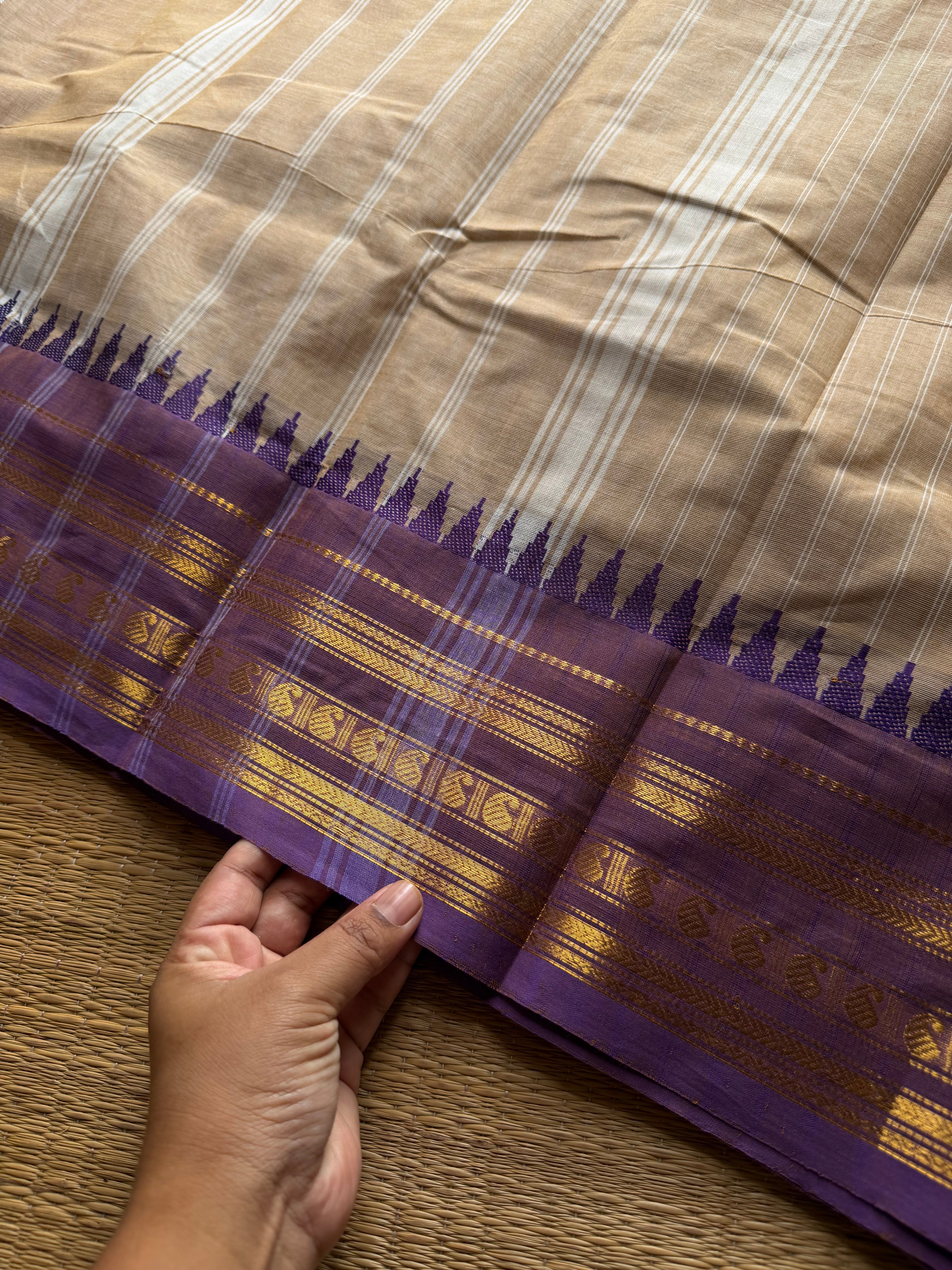 RF1351 Pastel Edition ~ Cream with light purple shade combination Kanchi cotton saree with stripped pattern