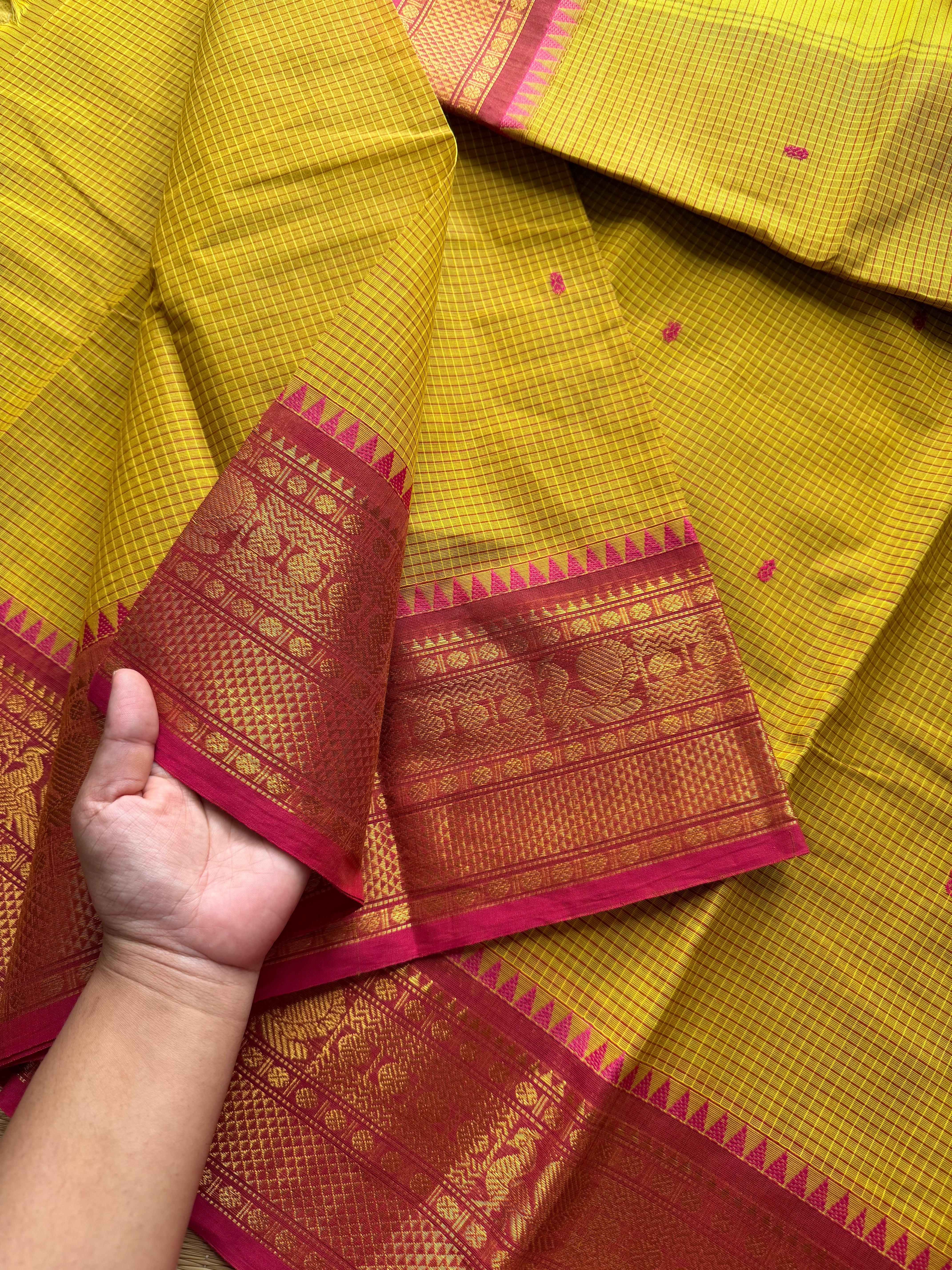RF563 Mustard yellow with contrast pinkish peach combo podikattam / small checks pattern Kanchi cotton saree with handmade thread buttas