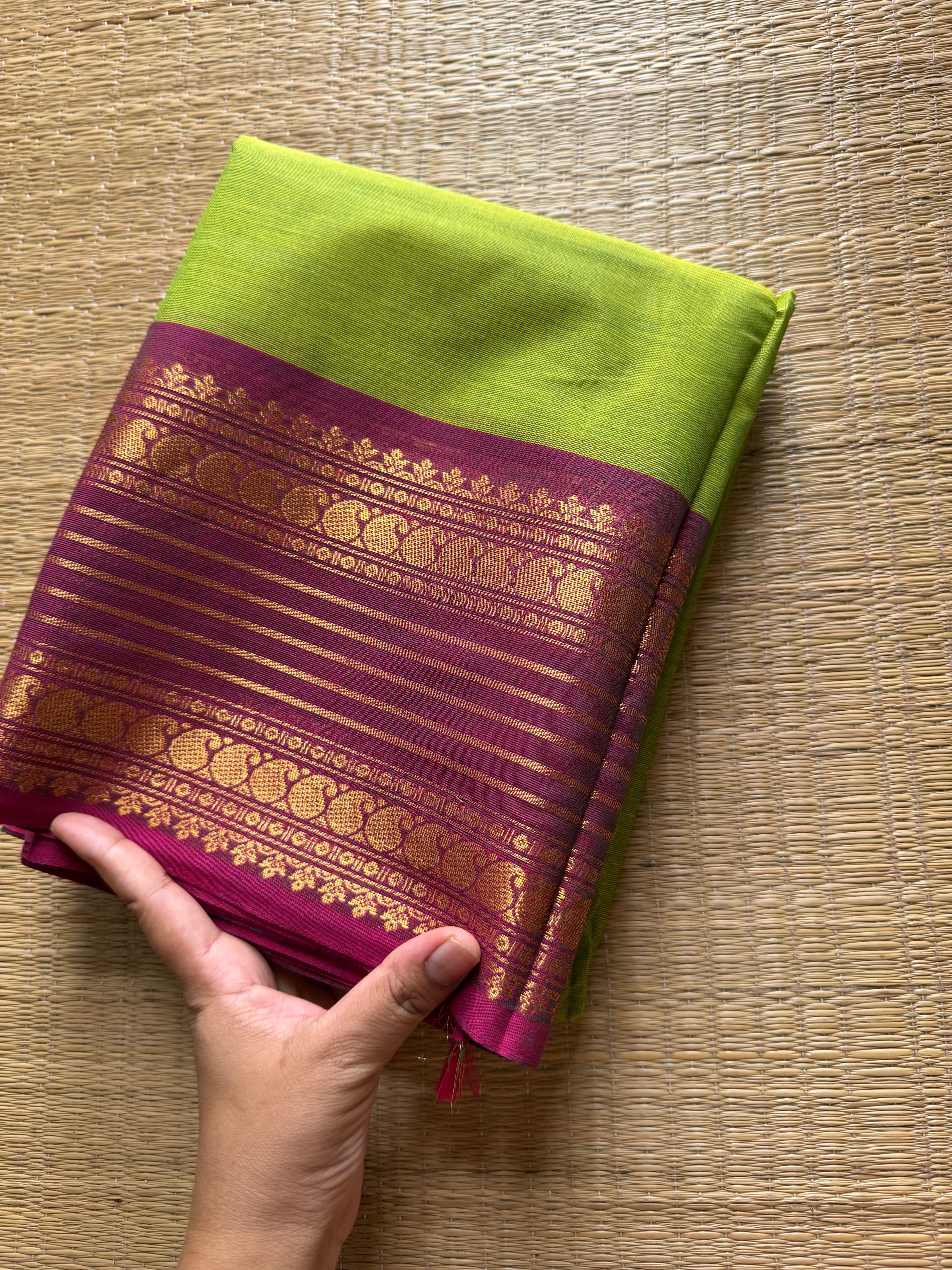 RF535 Dual tone Apple green with pink combination Kanchi cotton saree with unique border