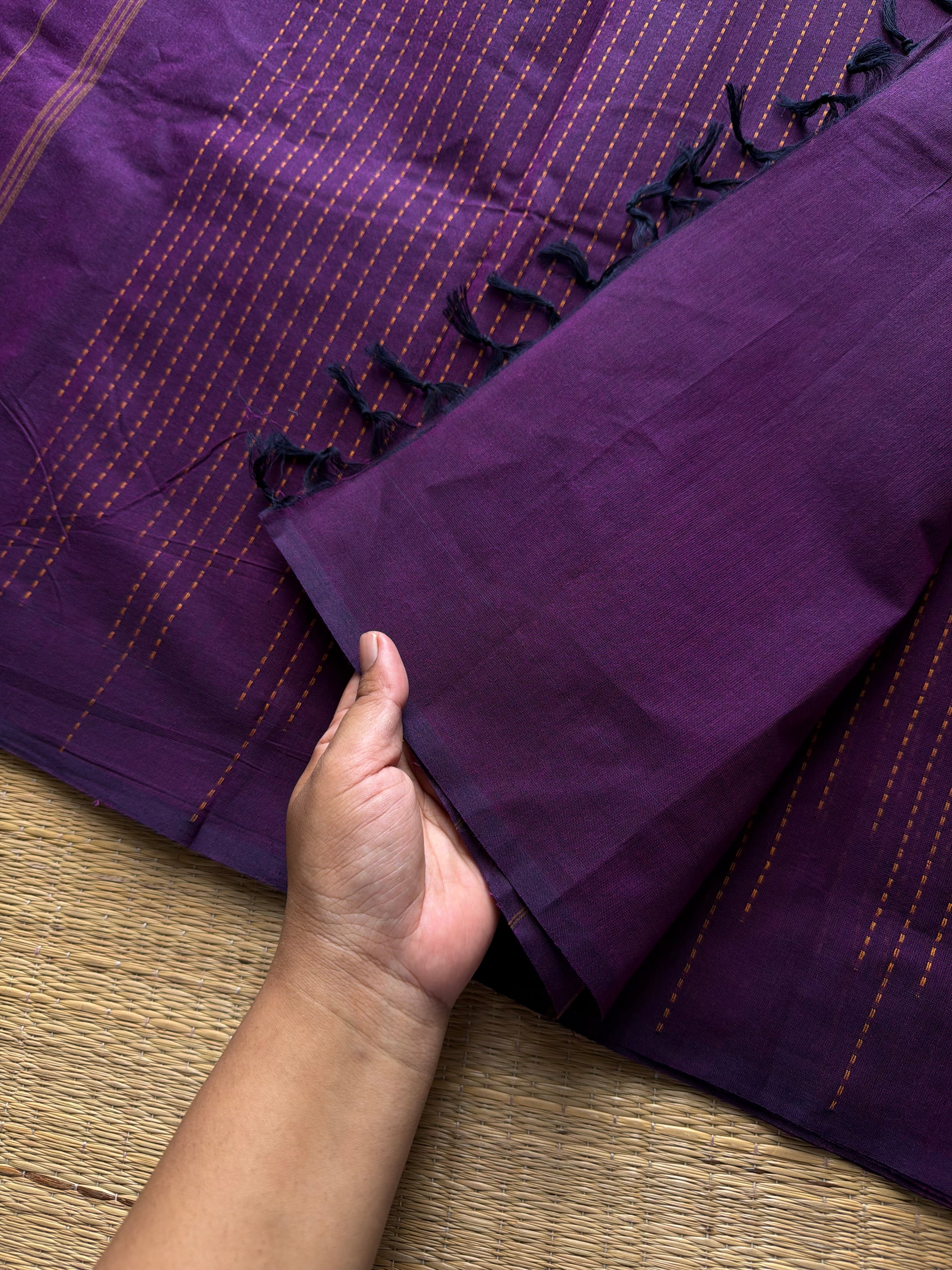 RF957 Purple ~ Soft Kanchi Cotton Saree with fully vertical thread lines Vairaoosi pattern