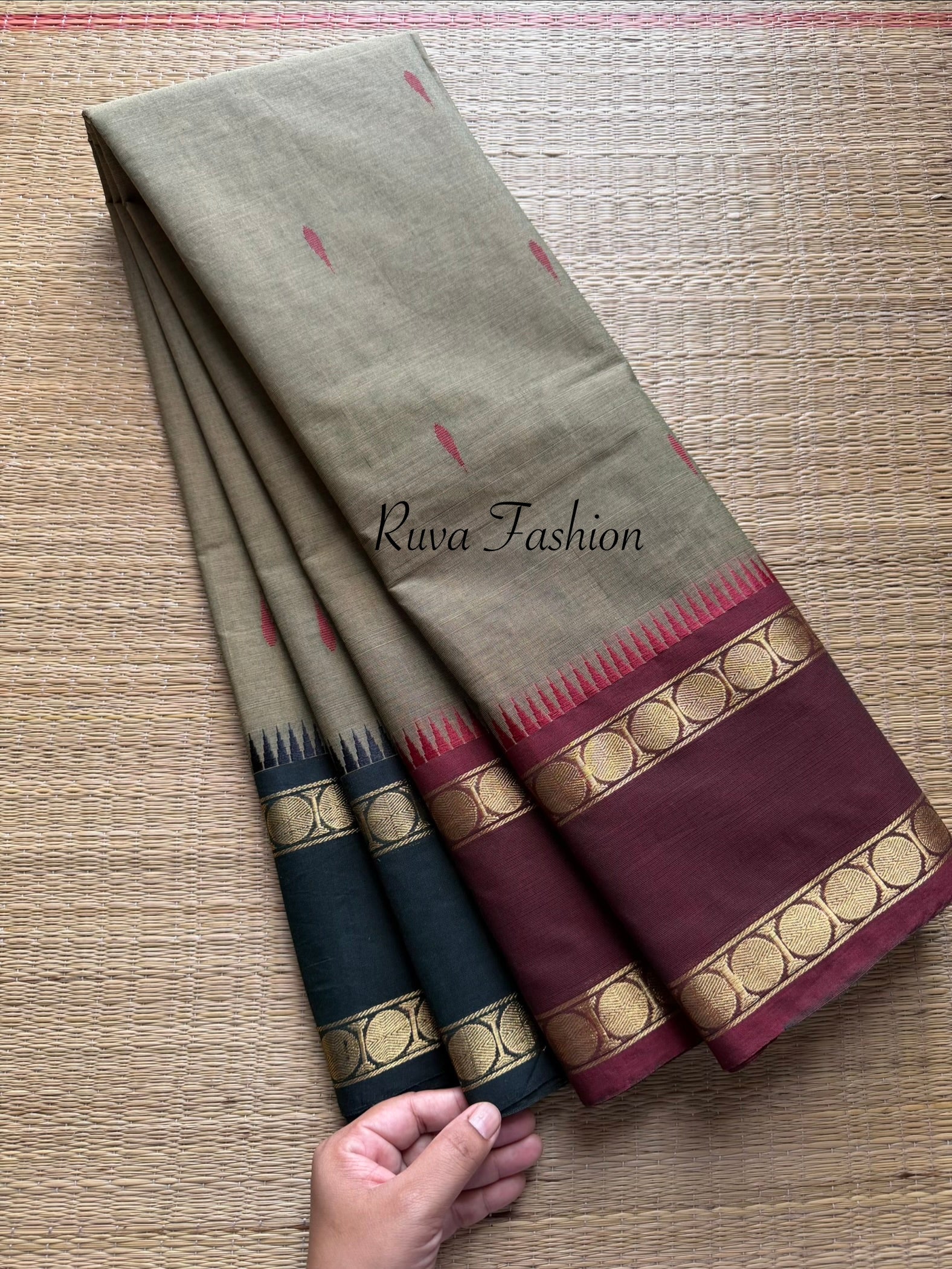 Grey Kanchi Cotton Saree With Ganga Jamuna Rettapet Border and handmade thread buttas