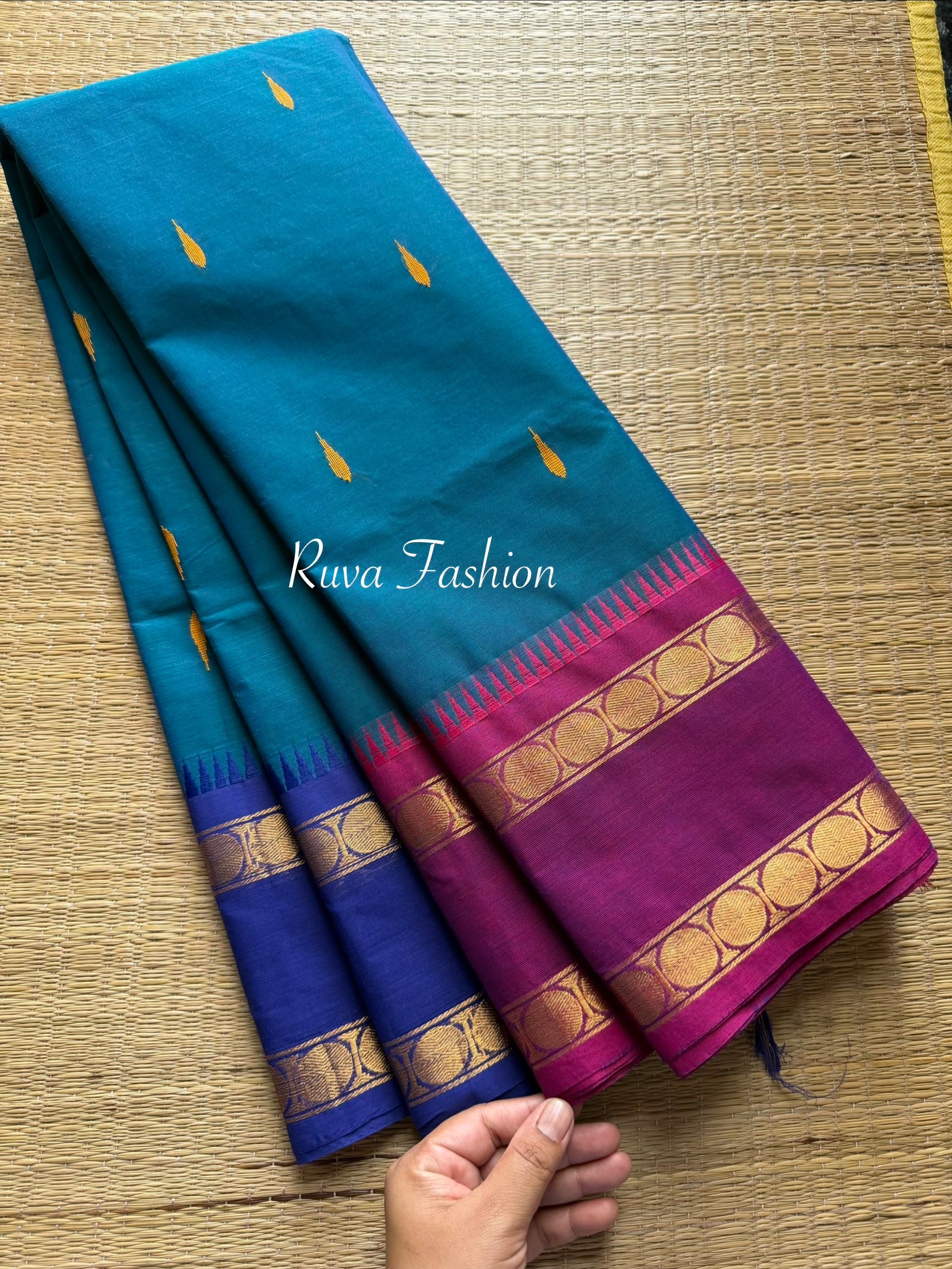 Peacock Blue Shade Kanchi Cotton Saree With Ganga Jamuna Border & Handmade thread buttas