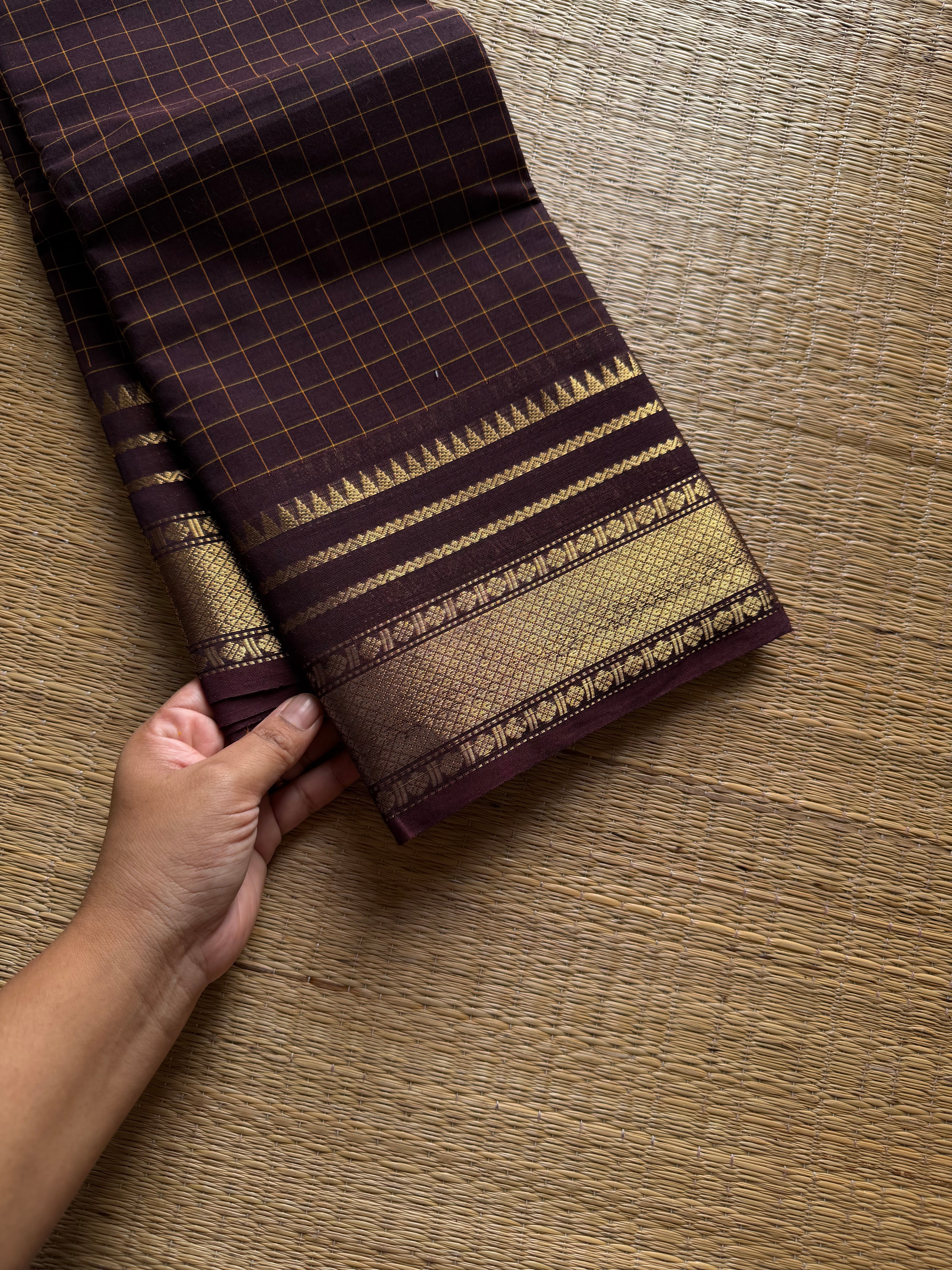 RF1166 Deep Coffee Brown ~ Premium Kanchi Cotton Kattam / Checks Edition