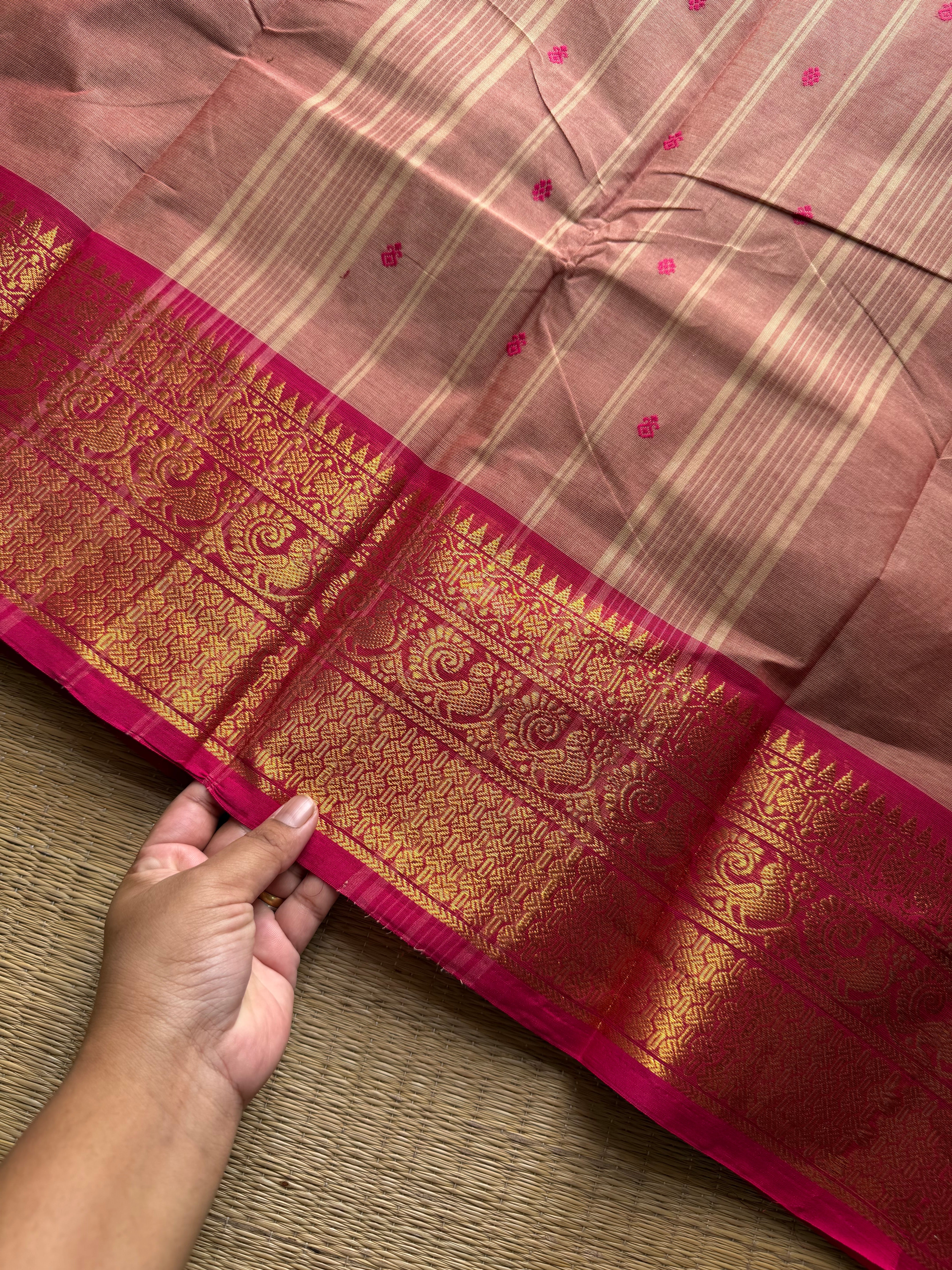 RF1197 Light Onion pink shade Kanchi cotton saree with handmade thread buttas