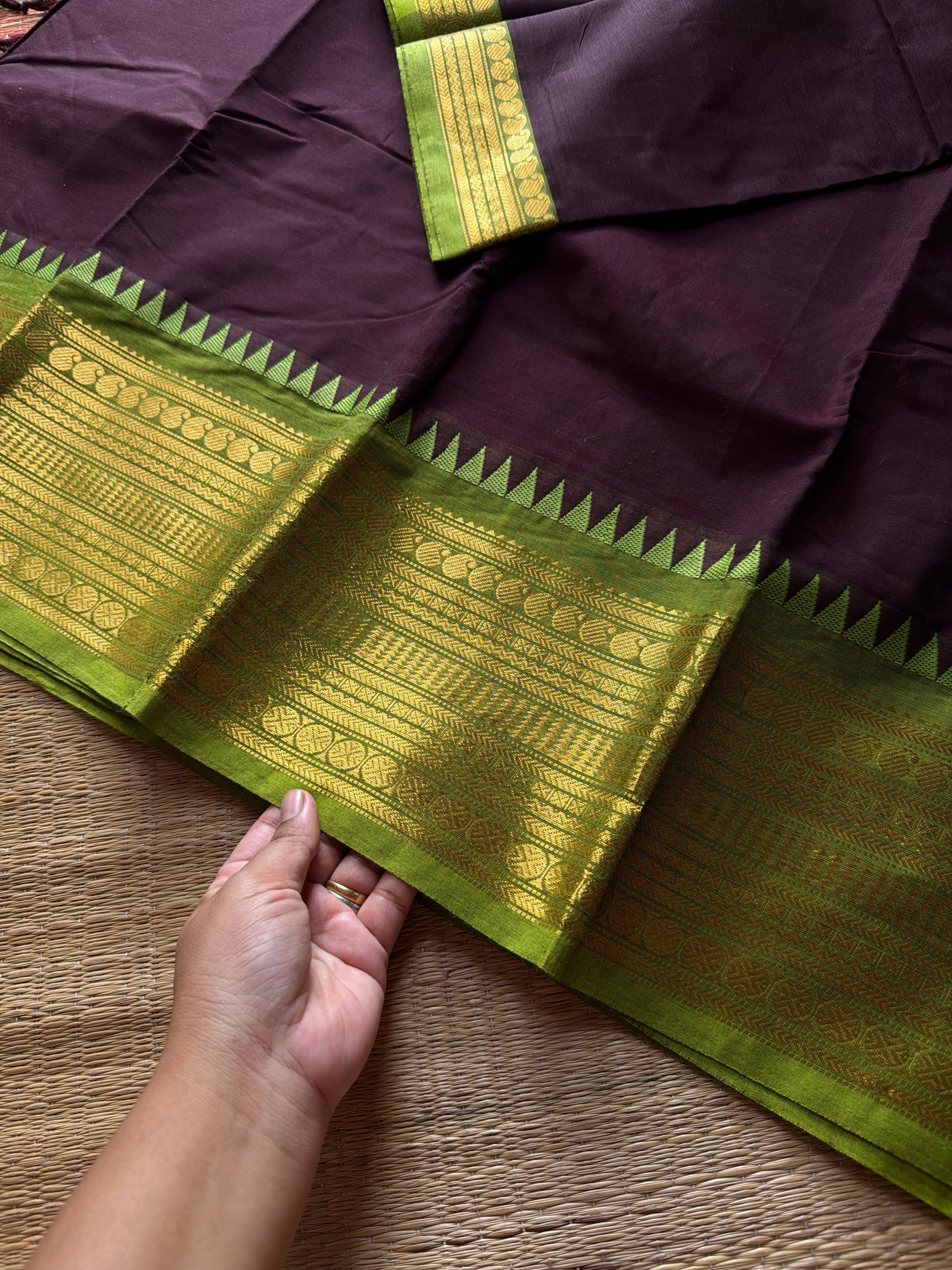 RF1372 Brown with green ~ Silk saree inspired Kanchi cotton saree