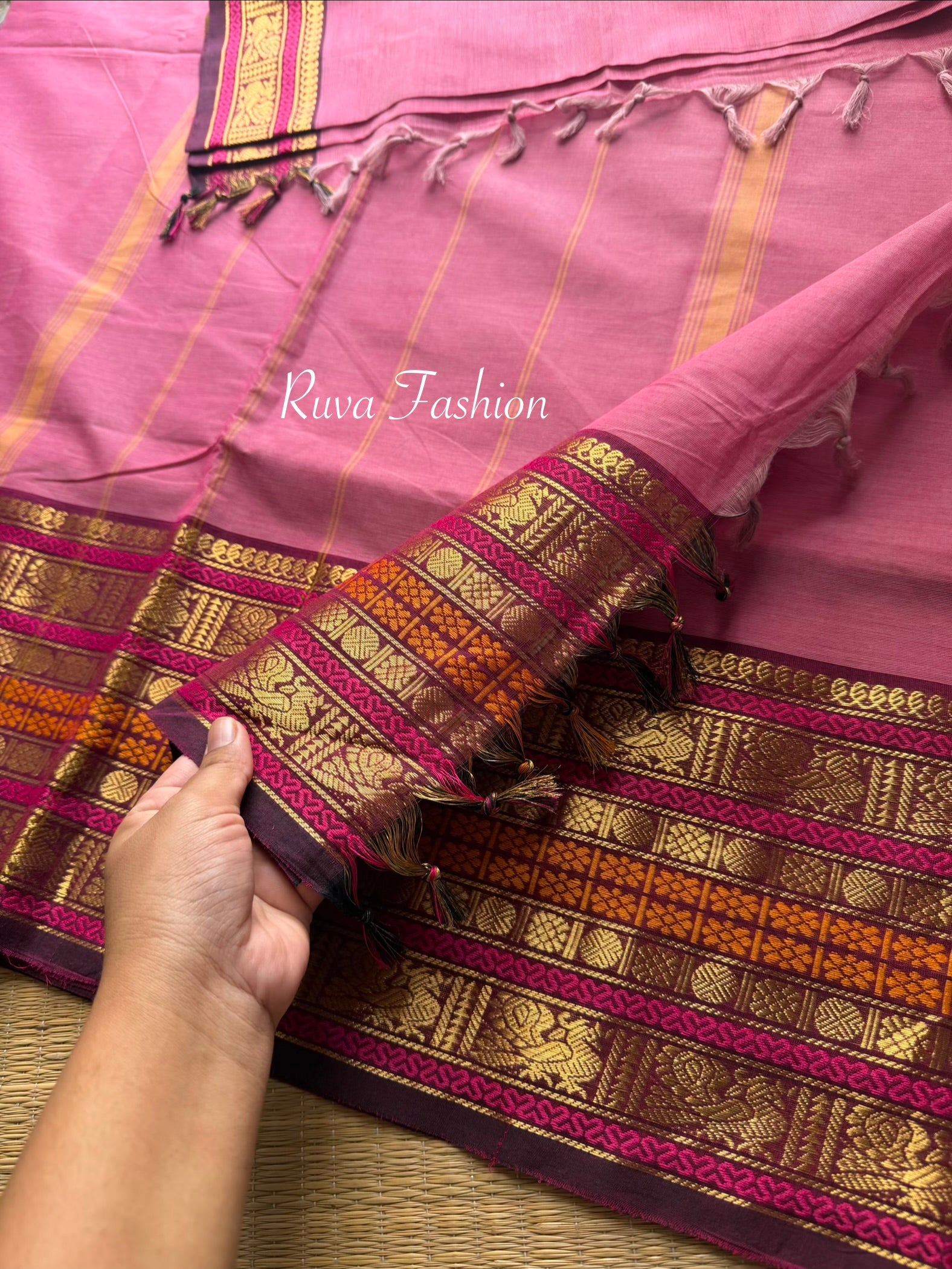 RF112 Pastel Pink Shade With Contrast Brown Varisaipet pet border Kanchi cotton saree