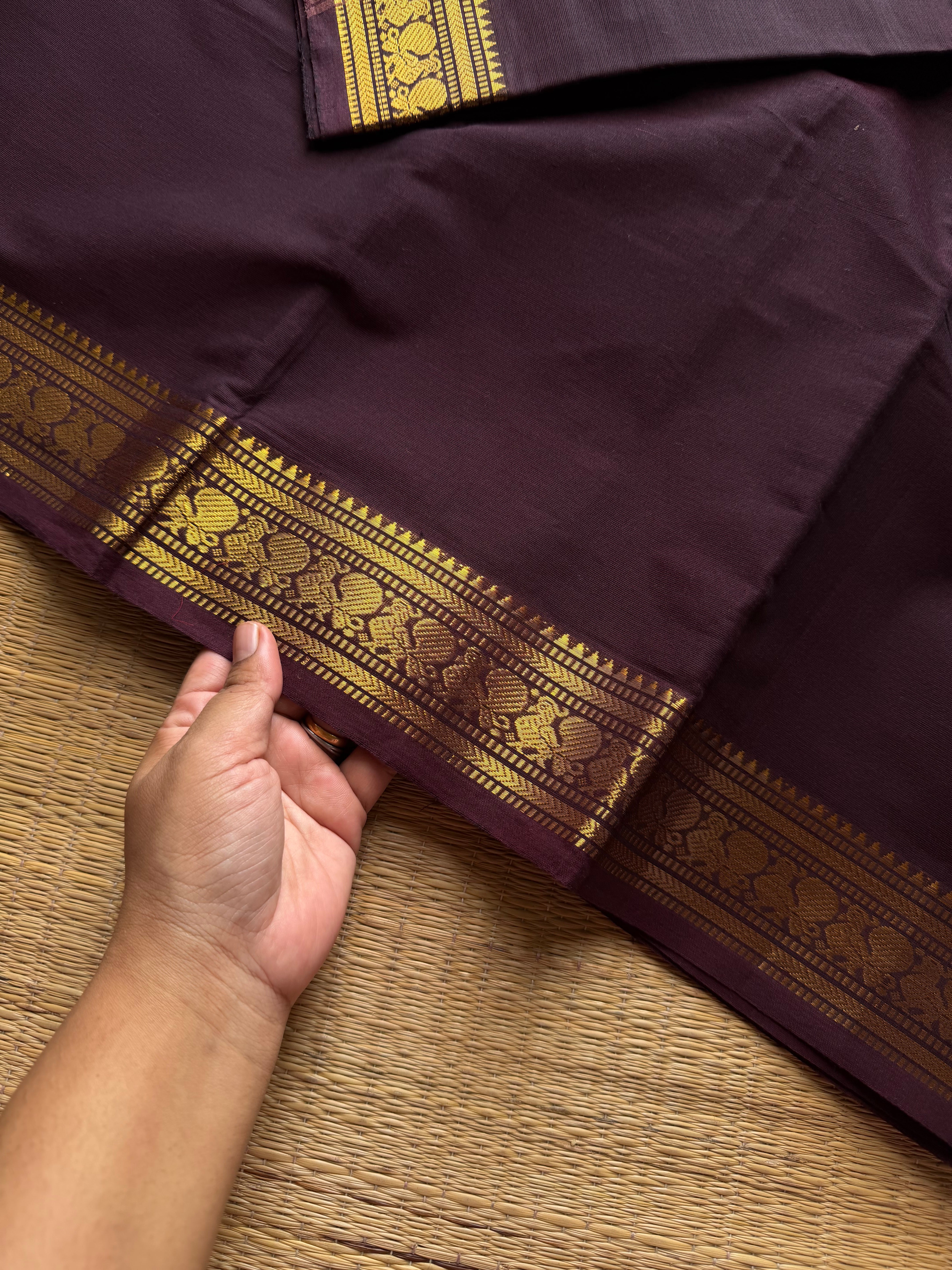 RF1303 Monotone coffee brown small border Kanchi cotton saree