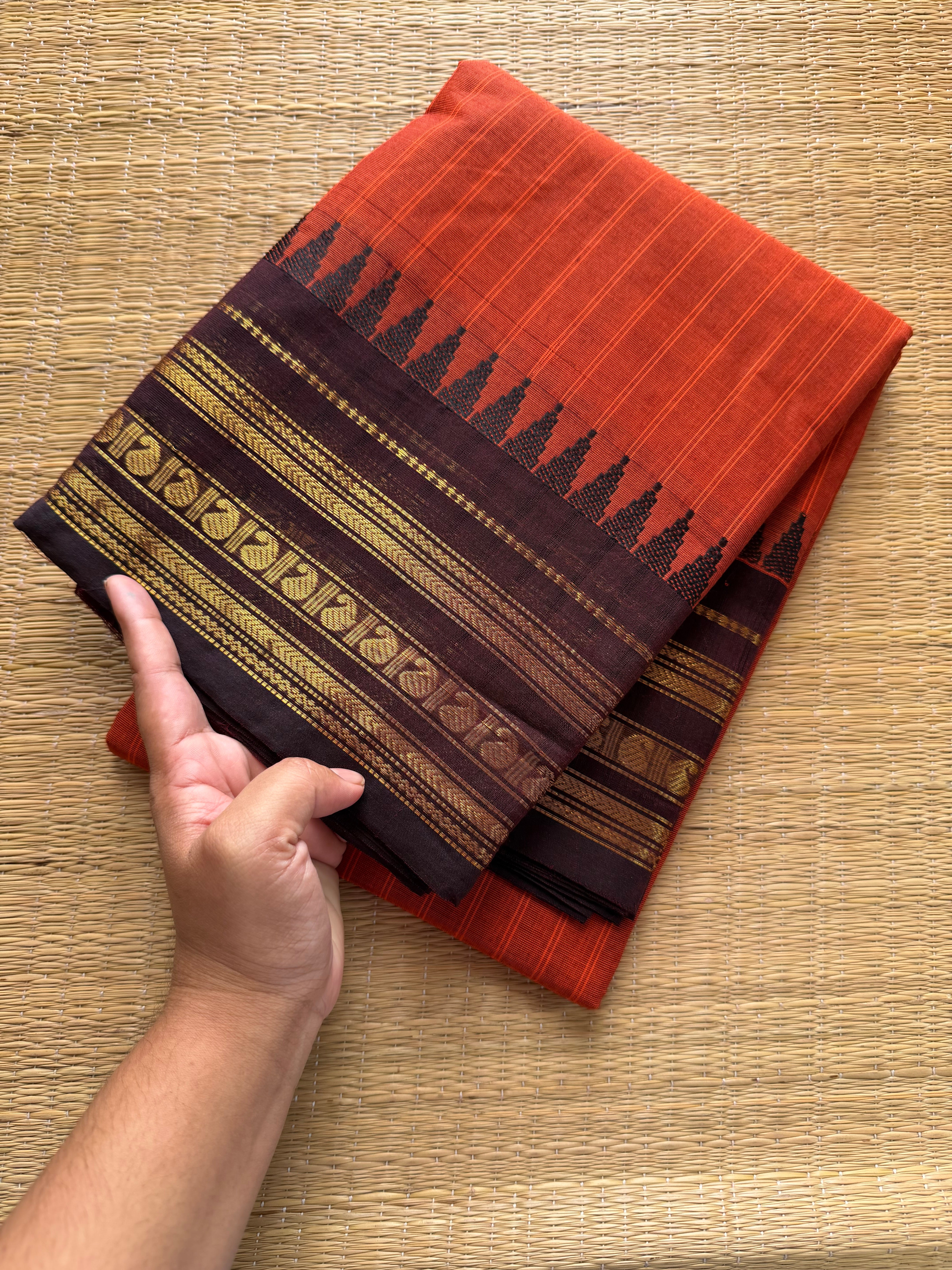 RF348 Rust Orange With Contrast Brown Kanchi Cotton Saree with vertical stripped pattern & mango Zari border