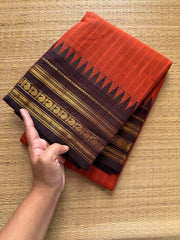 RF348 Rust Orange With Contrast Brown Kanchi Cotton Saree with vertical stripped pattern & mango Zari border